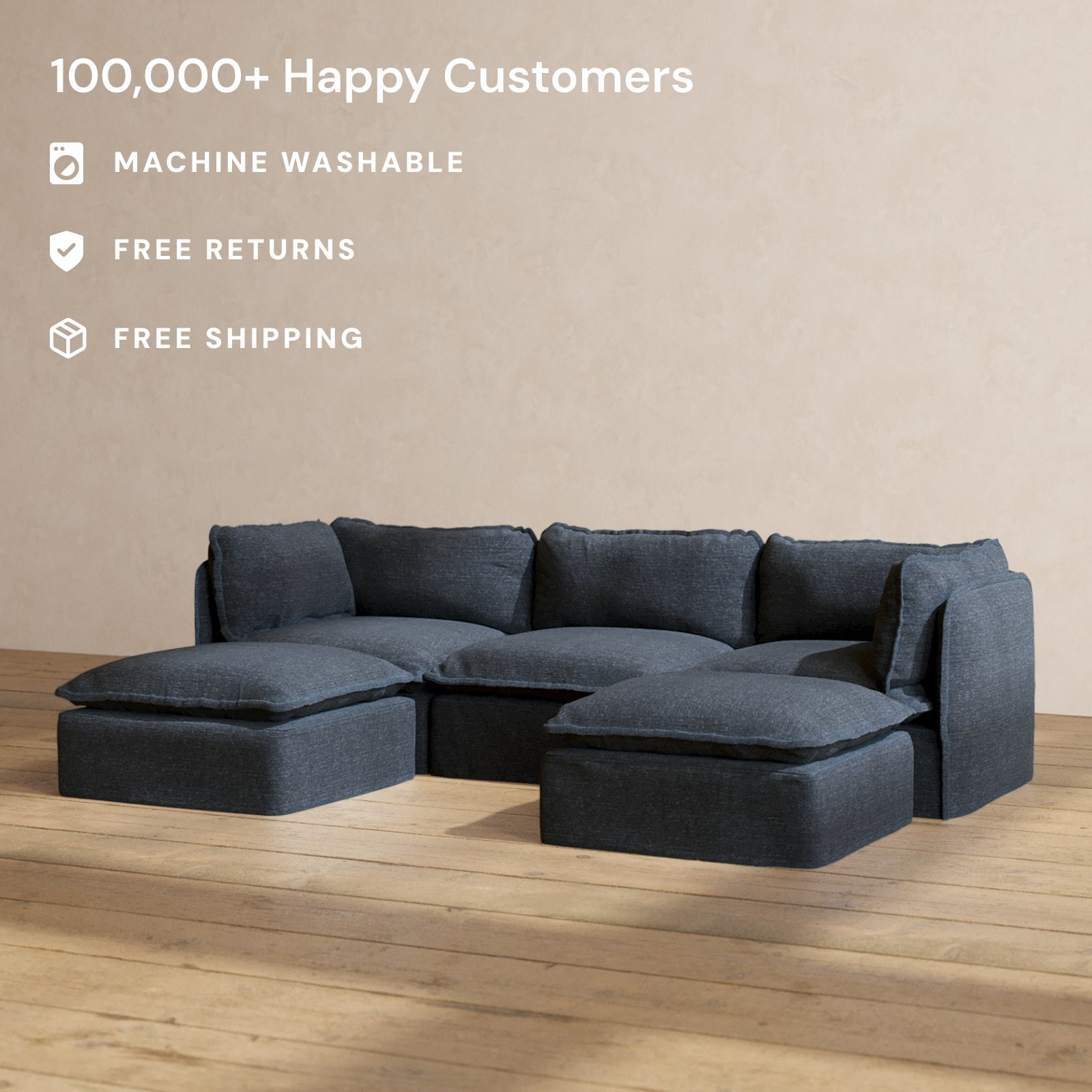 Premium Modular Performance 3-Seater U-Shaped Sectional Sofa in Indigo Blue | Luxe Fabric Blend | Perfect for Living Rooms, Home Theaters & Cozy Family Gatherings