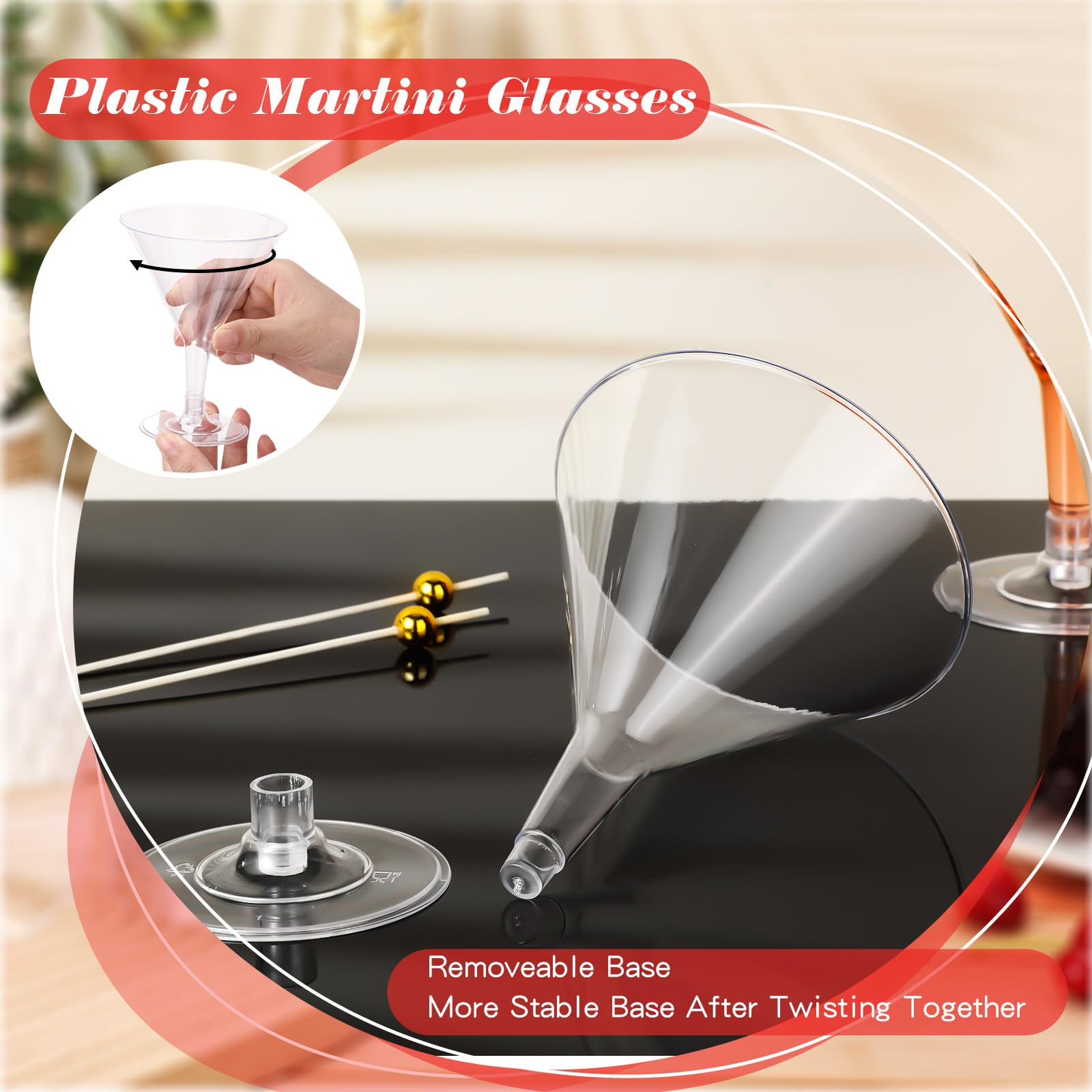 Disposable Clear Plastic Martini Glasses with Gold Pearl Cocktail Picks - 100-Piece 7oz Set for Weddings, Parties & Events - Perfect for Cocktails, Wine, Desserts & Appetizers