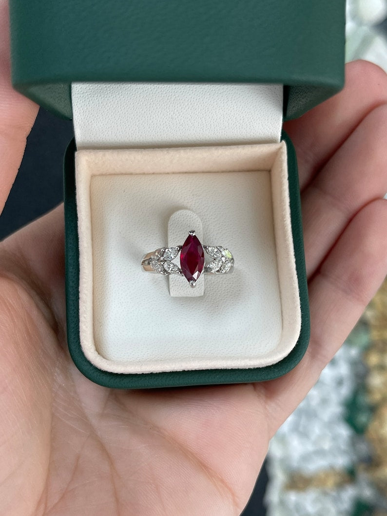 1.58tcw 18K Gold Luxurious Blood Dark Red Ruby Marquise Cut & Diamond Ring for Women - Elegant Engagement, Wedding, Anniversary Gift Jewelry