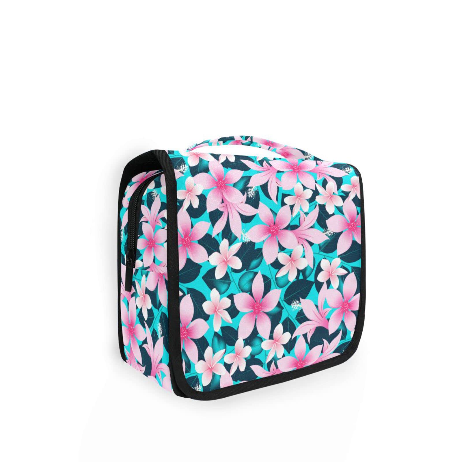 Portable Hanging Pink Tropical Hibiscus Flowers with Blue Leaves Toiletry Bag - Travel Cosmetic Makeup Organizer for Women & Girls | Perfect for Vacation, Gym, and Daily Essentials Storage