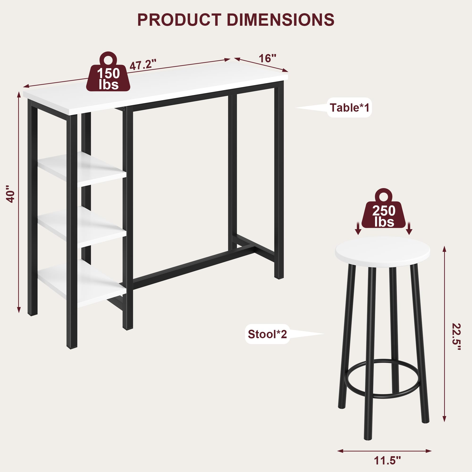 **White & Black 3-Piece Counter Height Dining Set with 2 Stools & 3 Storage Shelves - Space-Saving Bar Table for Small Apartments, Kitchens, Breakfast Nooks & Studio Living**
