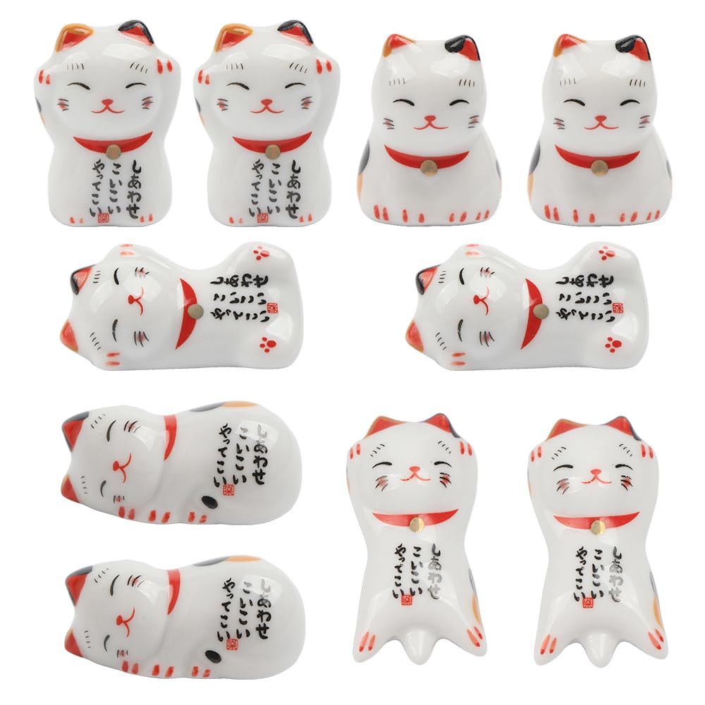 10Pcs Japanese Ceramic Chopstick Holders - Lucky Cat Bone Porcelain Chopstick Stands for Sushi, Asian Dining & Home Decor - Cute Small Ornaments for Kitchen & Table Setting