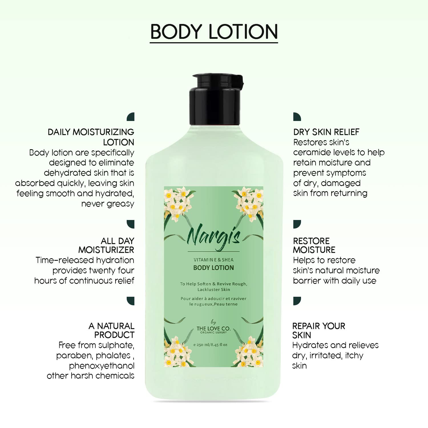THE LOVE CO. Nargis Body Lotion - Hydrating & Nourishing Dry Skin Moisturizer with Jojoba Oil, Shea Butter & Vitamin E - 250ml - Unisex Daily Moisturizing Cream for Women & Men - Perfect for After Shower, Nighttime Skincare & Winter Care