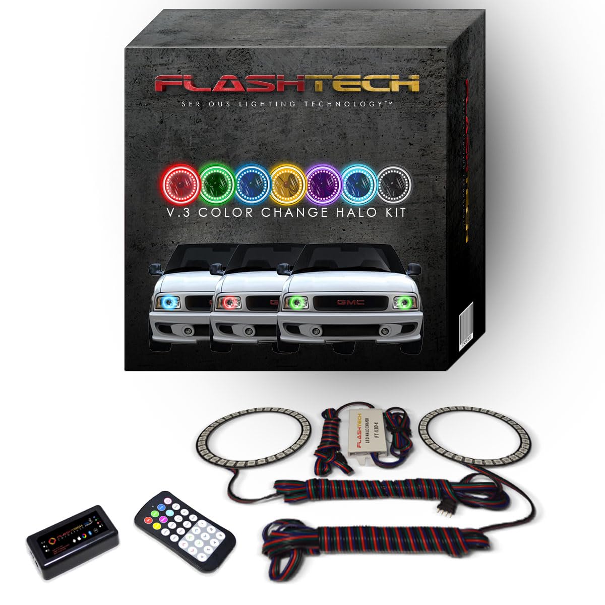 Flashtech LED RGB Multi-Color Halo Ring Headlight Kit with ColorFuse Technology - Bluetooth & RF Remote Control, Smartphone APP Compatible - Fits GMC Sonoma 1994-1997 Models | Upgrade Your Truck Lighting for Night Driving & Custom Car Shows