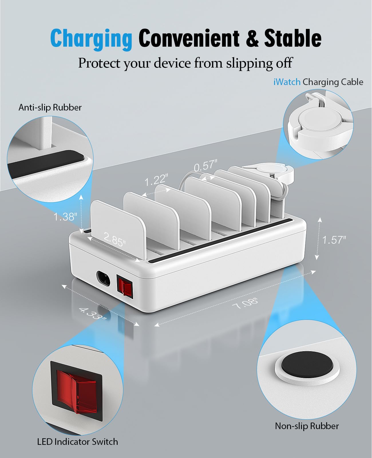 2025 New 6-Port USB Fast Charging Station - 50W Multi-Device Charger Dock with Watch Charger for iPhone, Android, iPad, Kindle & Smartwatches - Perfect for Home, Office & Travel Organization