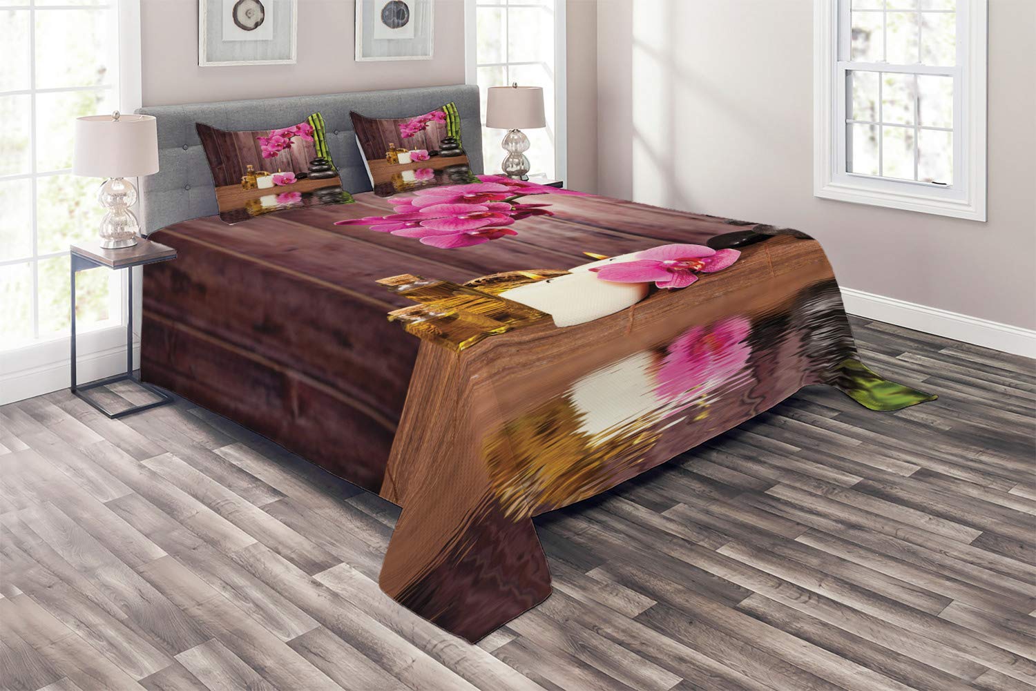 Ambesonne Orchid Quilt Set King Size - Modern Boho Floral Print with Candles & Stones - 3 Piece Bedspread & 2 Pillow Shams - Umber Green Pink - Perfect for Bedroom Decor & Bohemian Style Home