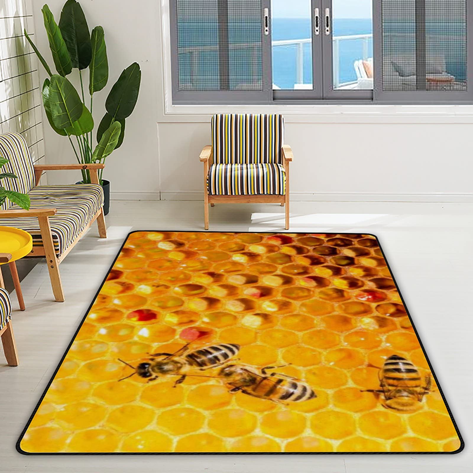 Non-Slip Honeycomb Bee Pattern Large Area Rug - 80x58 Inch Soft Floor Carpet for Living Room, Bedroom, Nursery & Playroom | Perfect for Yoga, Kids Play Area and Home Decor