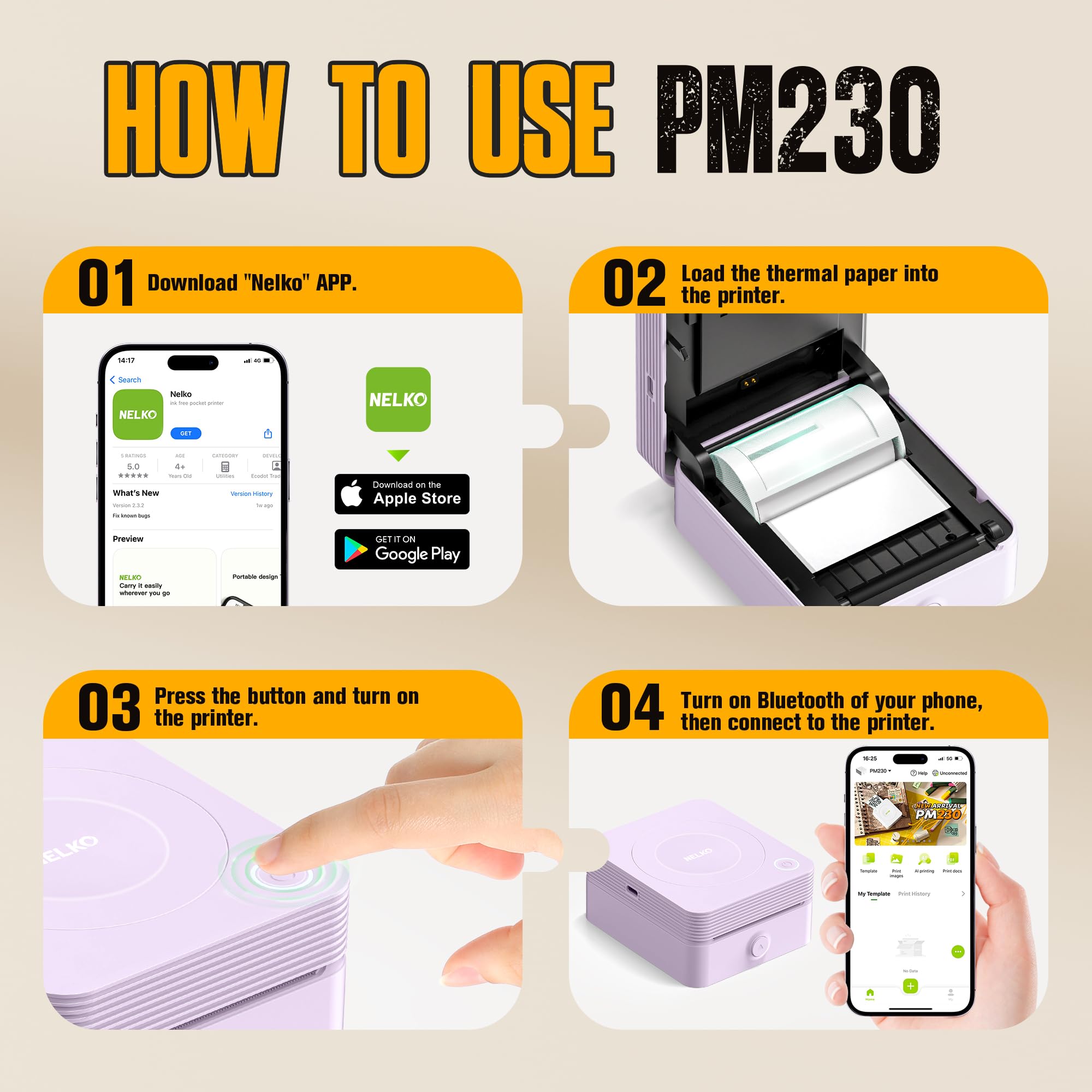 Nelko PM230 Print Pod Mini Bluetooth Sticker Printer - Portable Label Maker with 3 Rolls Paper & Multiple Templates for Phone, Tablet (Purple, 1 Pack) - Perfect for DIY Crafts, Scrapbooking & Home Organization