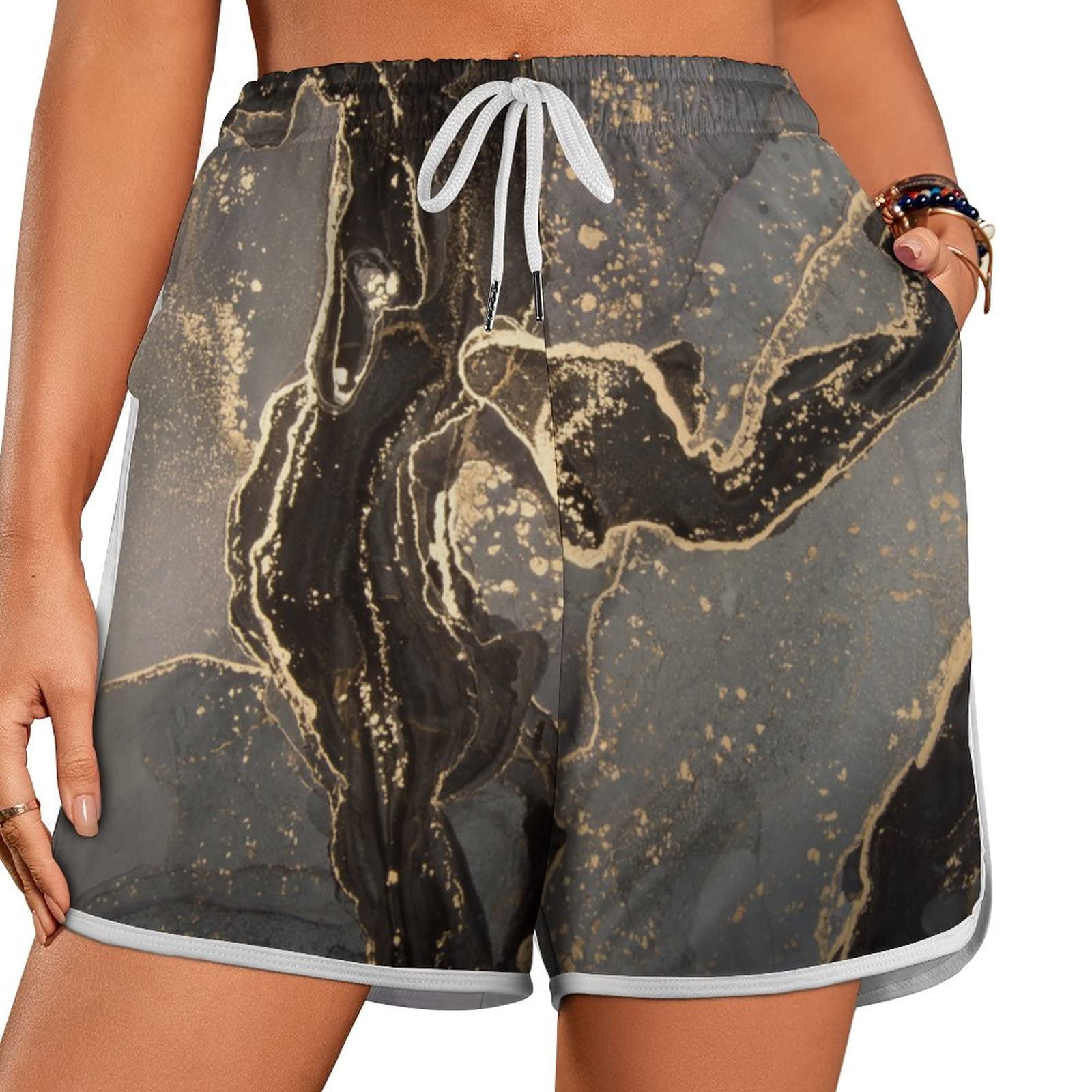 YONELEMON Women's & Girls' Swim Trunks - Fluid Art Gray & Gold Marble Stone Print Quick-Dry Board Shorts with Drawstring | Swimwear Bottoms for Beach, Pool & Water Sports