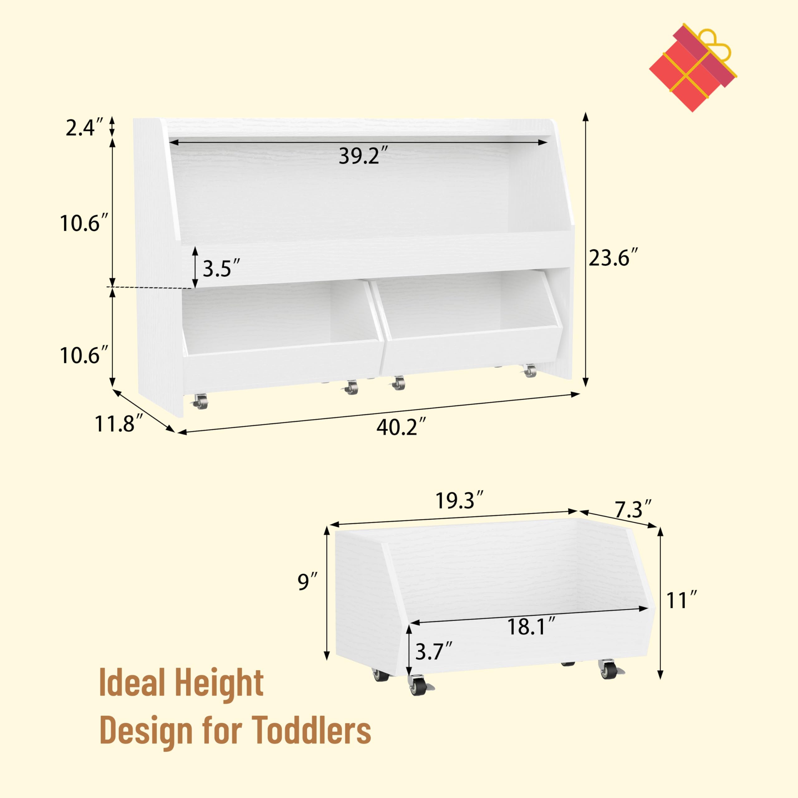 COZPAW 2-Tier Toy Storage Organizer with Movable Drawers - Kids Bookshelf & Toy Cabinet for Nursery, Bedroom, Living Room - Natural White | Perfect for Organizing Toys, Books & Kids' Room Essentials