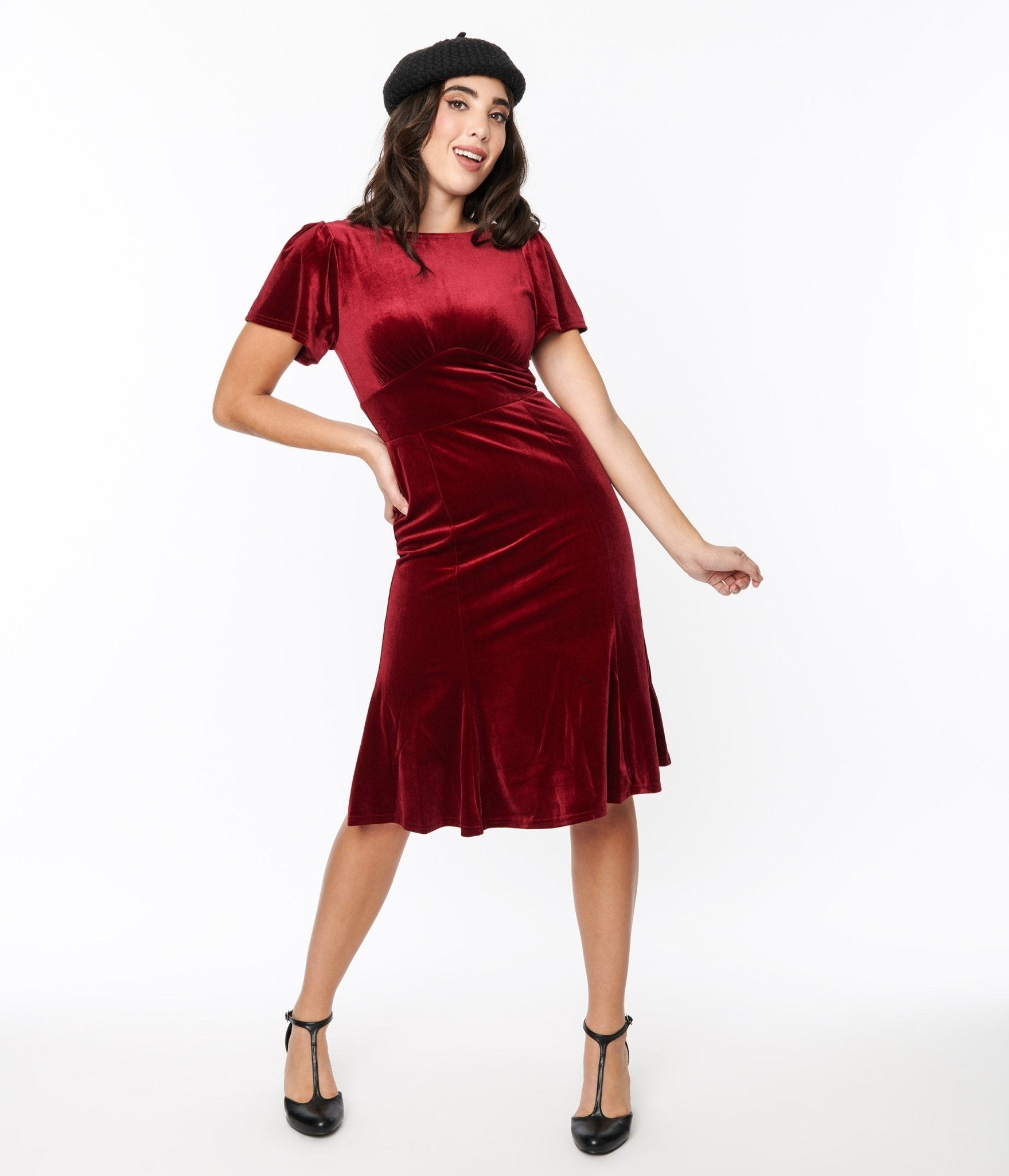 Burgundy Velvet Midi Shift Dress for Women - Elegant A-Line Vintage Style Party Dress for Evening, Wedding, Cocktail & Holiday Events