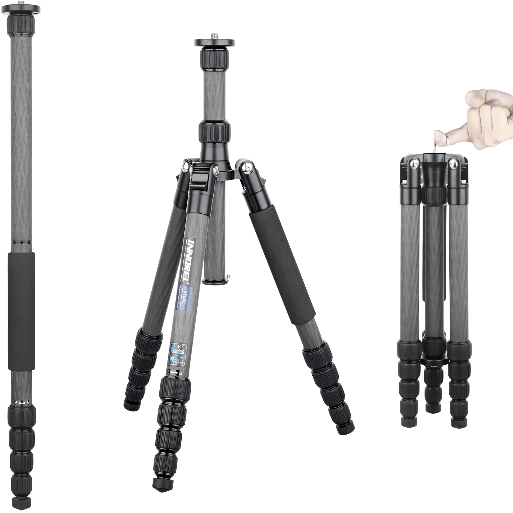 INNOREL RT55C Carbon Fiber Tripod - Lightweight Portable Travel Tripod & Monopod for DSLR Cameras, Max Height 59in/150cm, Load Capacity 26lb/12kg - Perfect for Photography, Vlogging & Outdoor Adventures