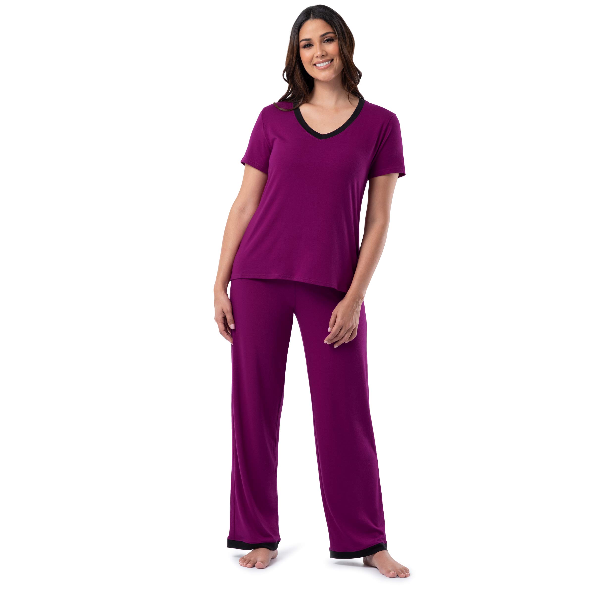 Fruit of the Loom Women's 2-Piece Short Sleeve Sleep Pajama Set - Soft Cotton Tee & Lounge Pants for Comfortable Nightwear, Relaxing at Home or Traveling