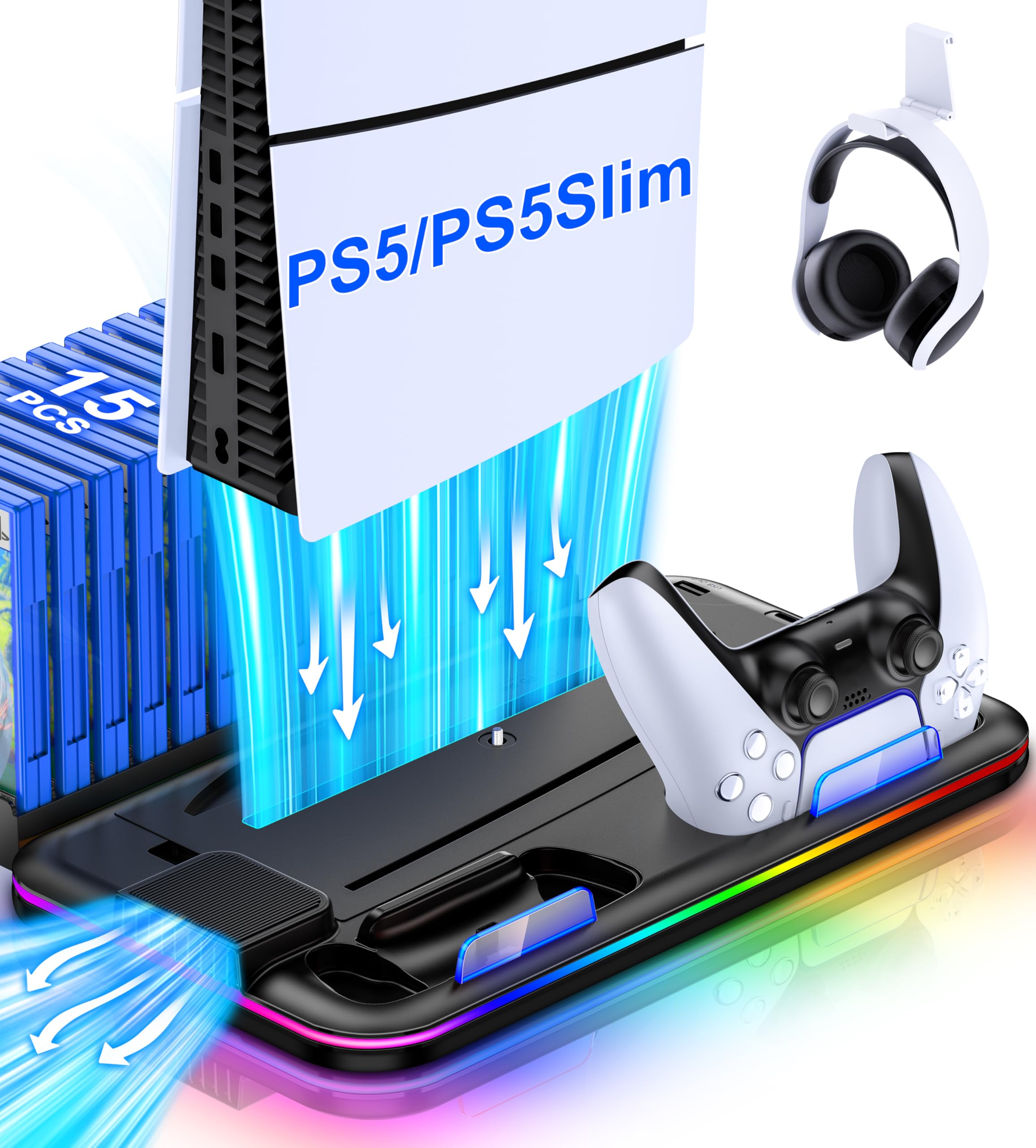 PS5 Cooling Stand with RGB Lights & Dual Controller Charger - 3-Speed Cooling Fan for PlayStation 5 Slim/Disc/Digital Edition | Includes Headset Holder & 15 Game Storage Slots - Perfect for Gaming Setup & Accessories Organization