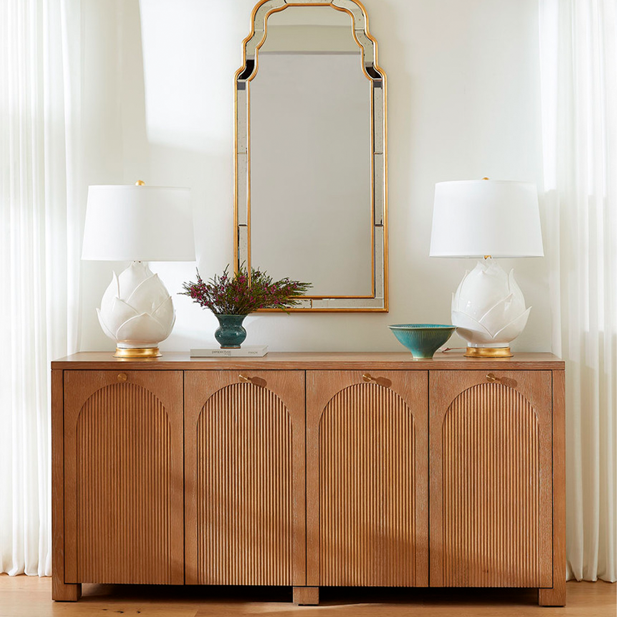 Arcadia 4-Door Soft Glow Oak Sideboard - Modern Buffet Cabinet for Dining Room Storage & Display | Perfect for Farmhouse, Rustic & Contemporary Home Decor