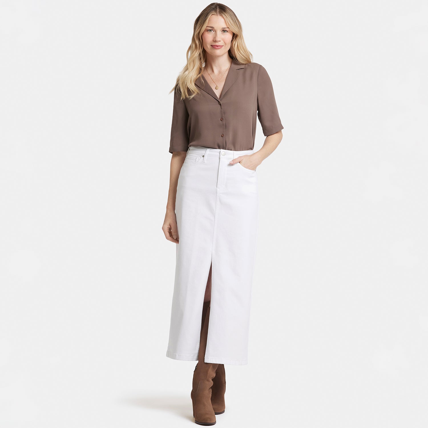 Elegant High Rise Long Skirt in Optic White - Perfect for Office Wear, Formal Events & Spring Outfits