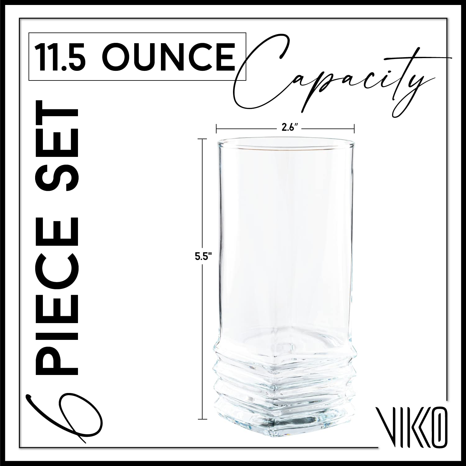 Vikko 11.5 oz Thick & Durable Water Glasses Set of 6 - Heavy Duty Highball Tumblers for Kitchen, Bar, Restaurant - Dishwasher Safe Drinking Glasses for Iced Tea, Juice, Cocktails & Everyday Use