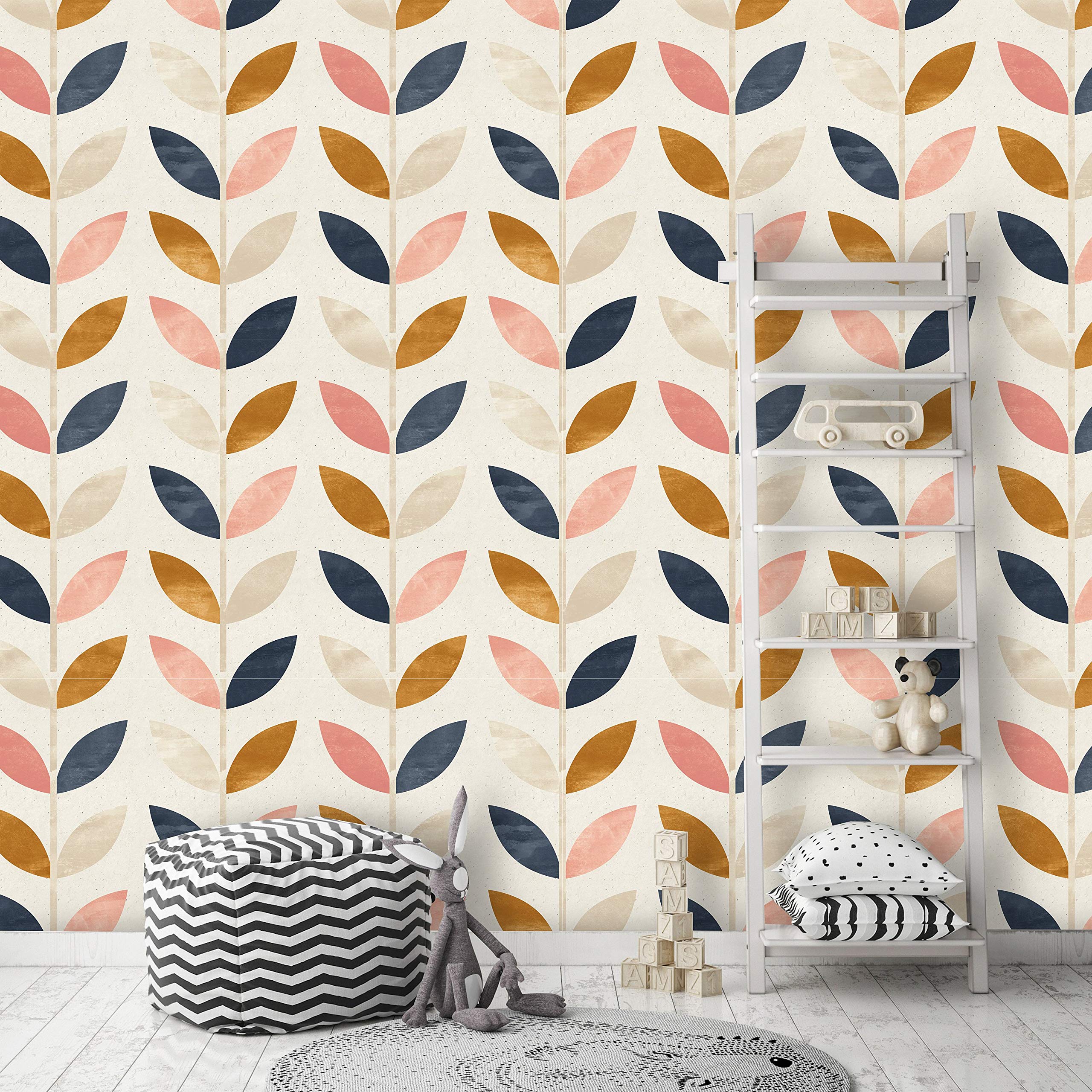Self-Adhesive Removable Wallpaper - Rose Gold Blue Floral Peel and Stick Wall Mural for Nursery, Baby Room, Bedroom Decor | Scandinavian Design (24