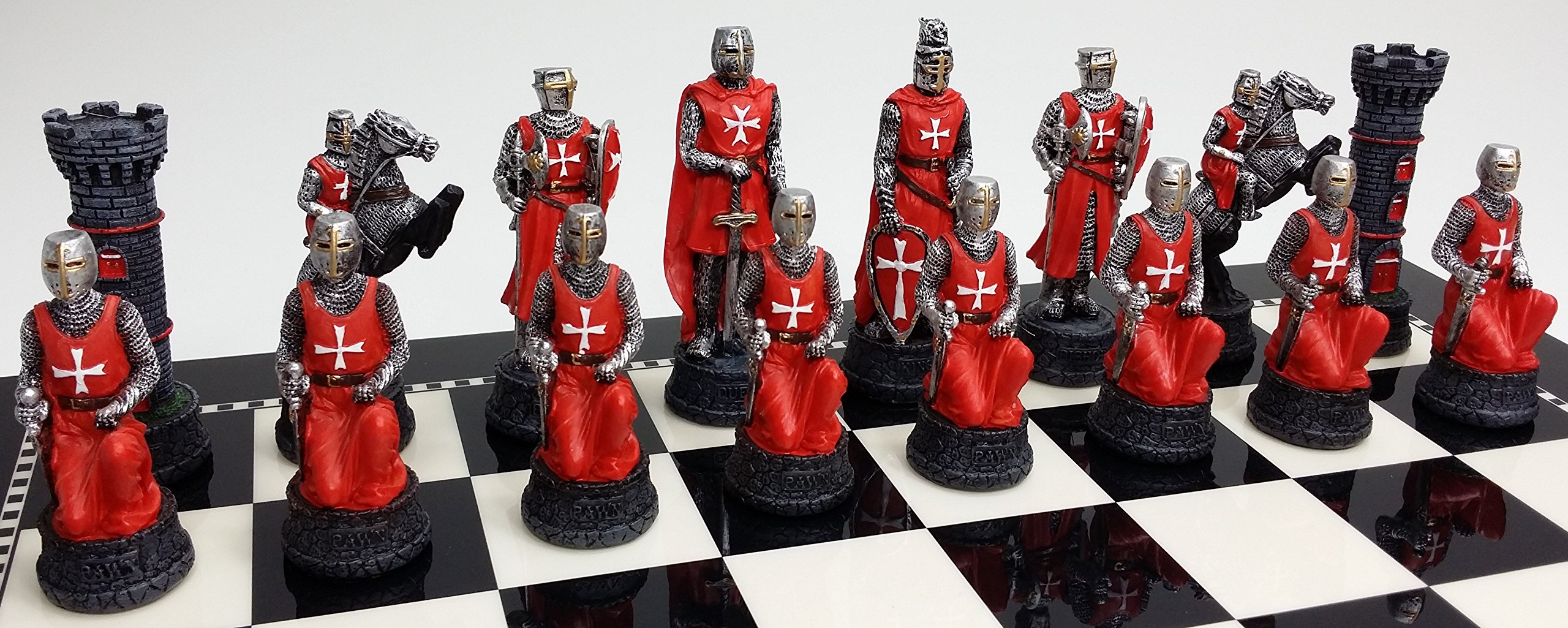 Hand-Painted Medieval Crusades Themed Chess Set - Red & Blue Pieces with Glossy Black & White Board | Perfect for History Enthusiasts & Strategy Game Lovers