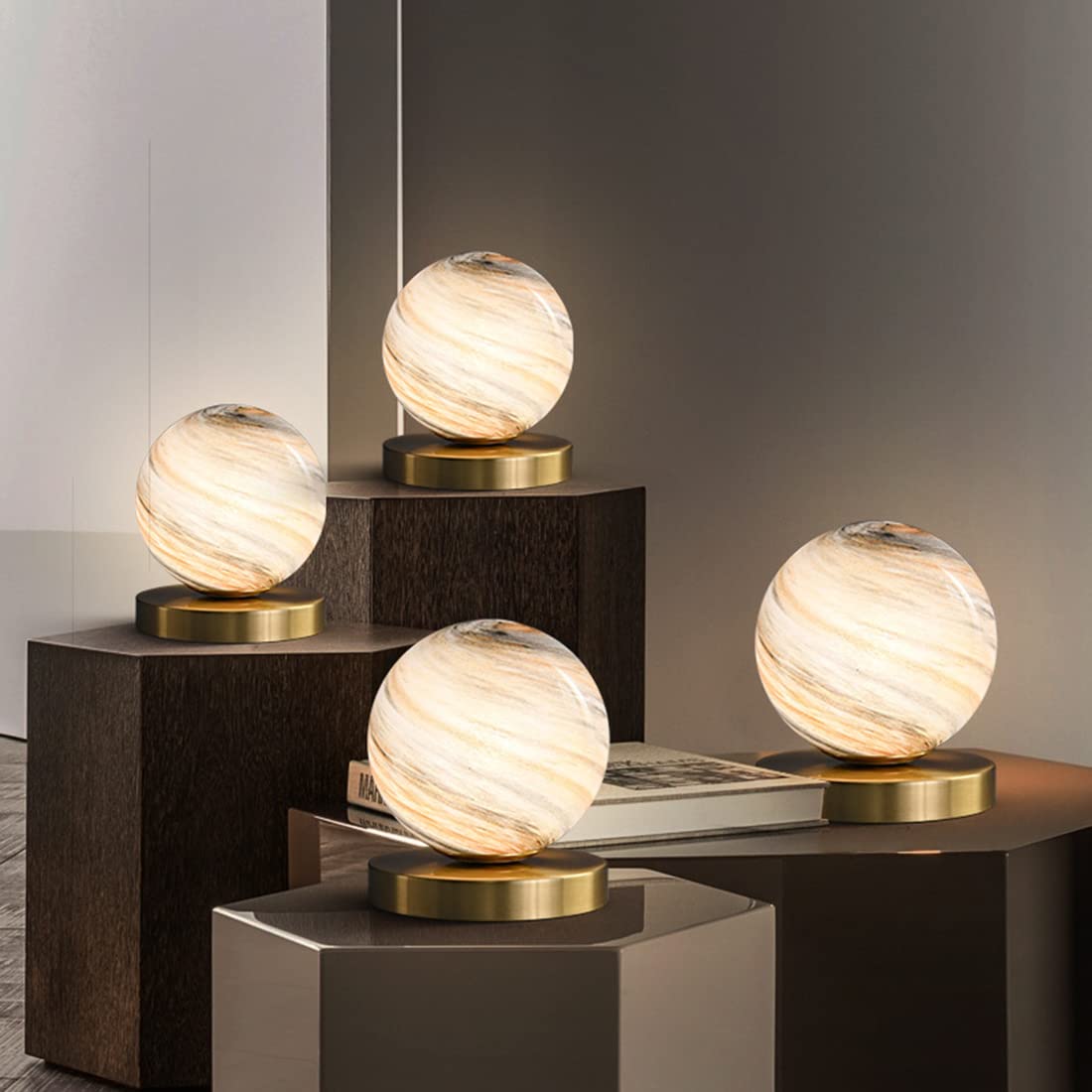 Gold Handblown Glass Globe Table Lamp - Bedside Reading Lamp for Bedroom, Office & Library - Plug-in Desk Light with Moon Shade (Perfect for Nightstands, Workspaces & Cozy Reading Nooks)