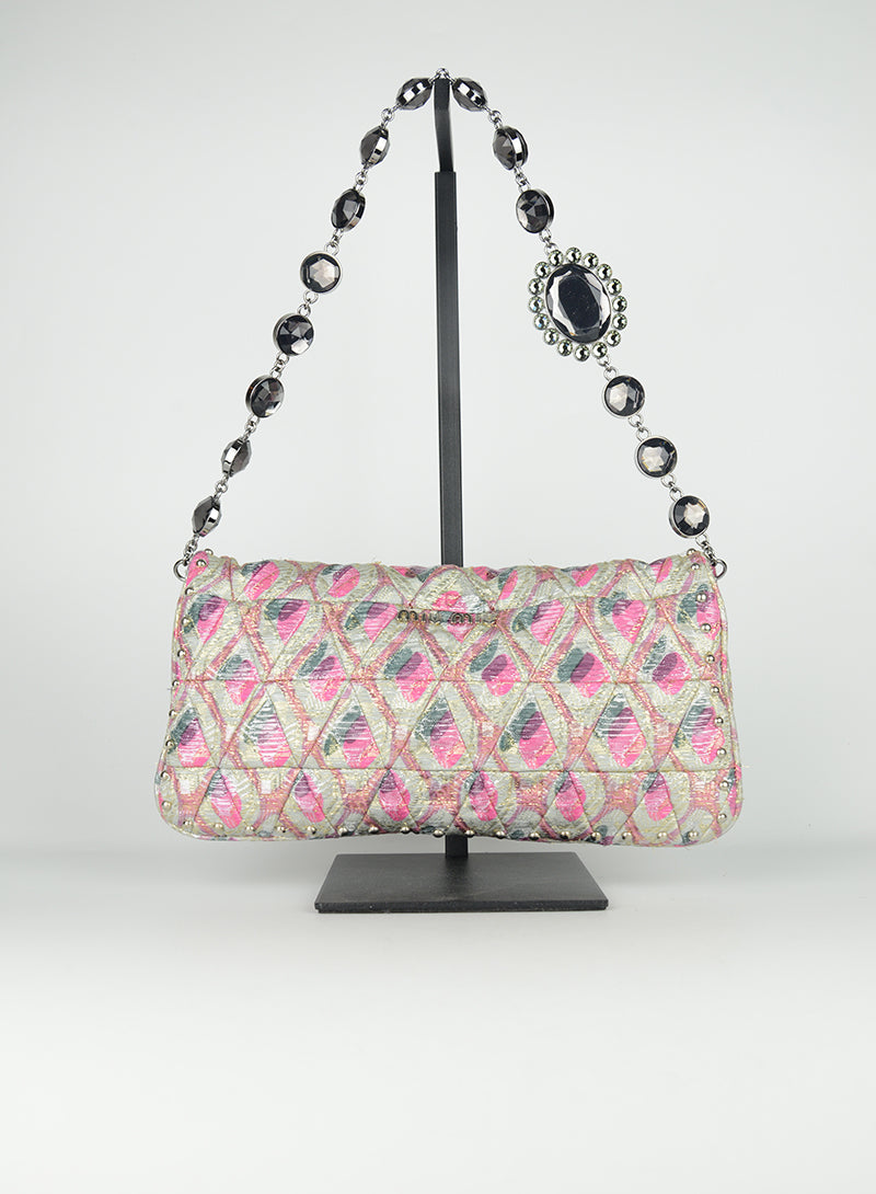Miu Miu Pink Lurex Fabric Shoulder Bag for Women | Elegant Evening Clutch & Party Purse | Perfect for Date Nights, Weddings, and Special Occasions
