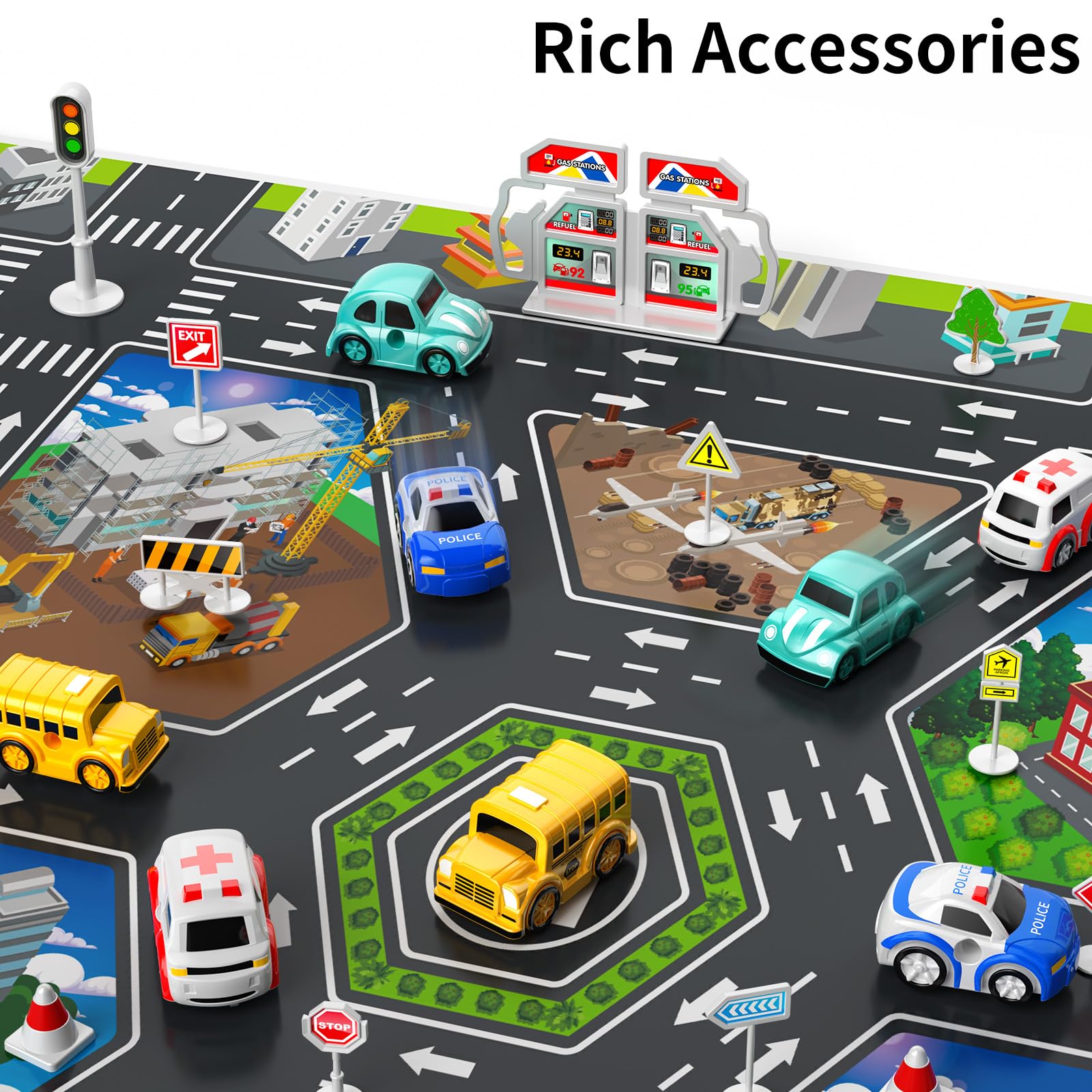 TEMI Kids Airplane & Race Car Toy Set for Boys & Girls Ages 2-7 - 8 City Vehicles with Parking Garage Playmat | STEM Learning Toy for Toddlers | Birthday Gift for 3-6 Year Olds | Perfect for Indoor Play, Preschool Learning & Adventure Imaginative Play