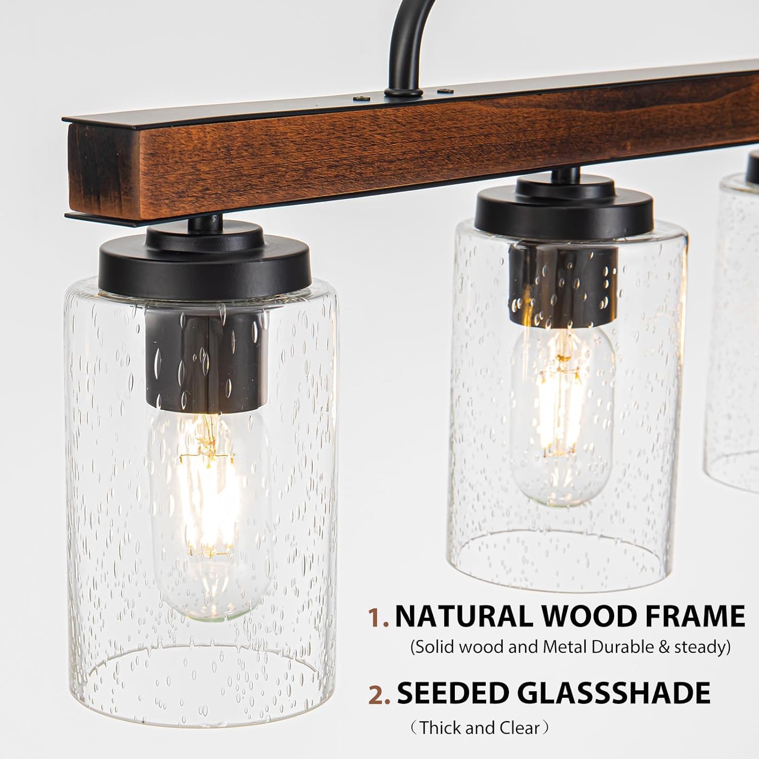 Rustic 6-Light Farmhouse Chandelier with Seeded Glass Shade - Wood Pendant Lighting for Dining Room, Kitchen Island & Table - Perfect for Country Style Home Decor & Cozy Gatherings