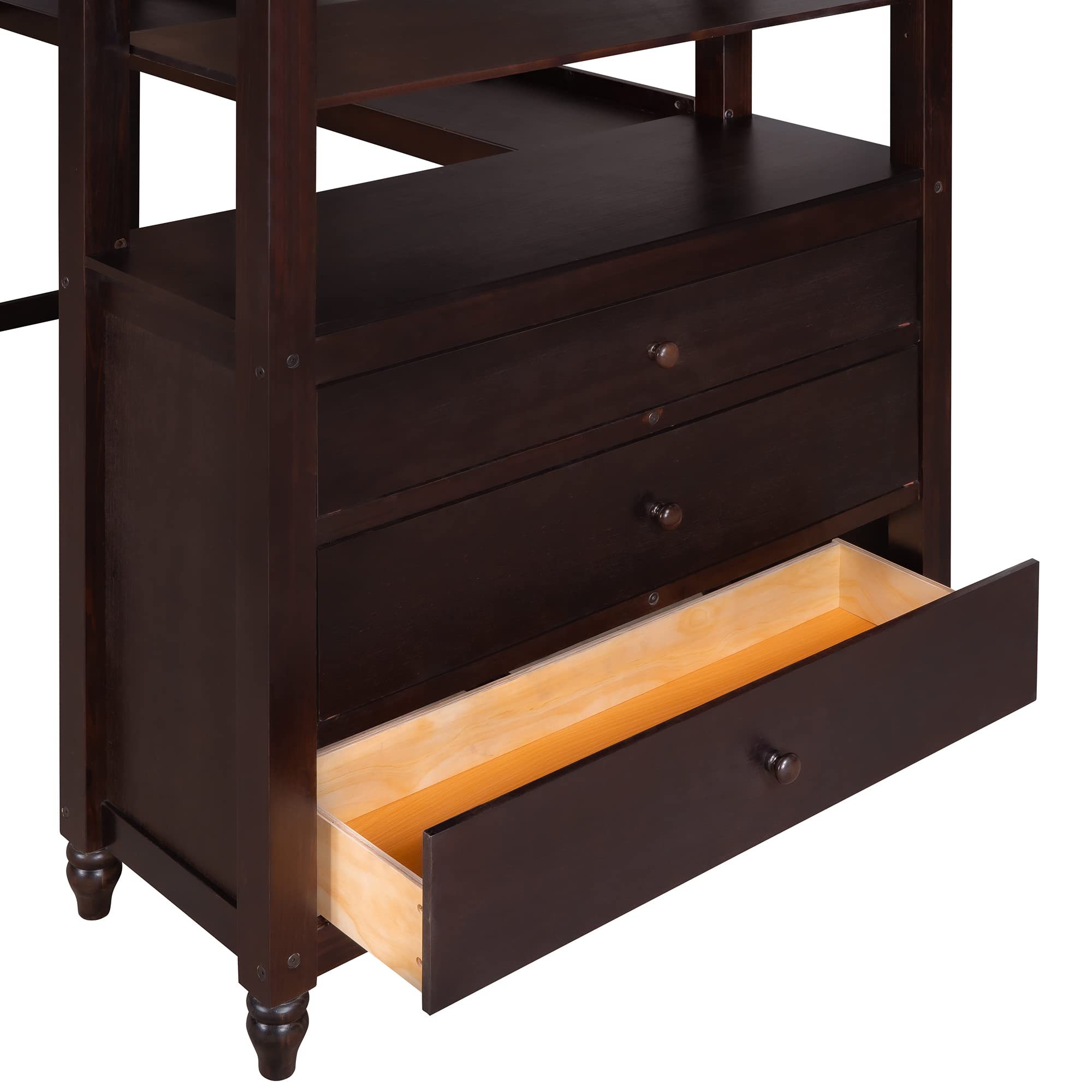 Twin Size Solid Wood Loft Bed with Desk, Drawers & Storage Shelves for Kids, Teens & Adults - Espresso Finish | Space-Saving Study & Sleep Solution for Small Bedrooms