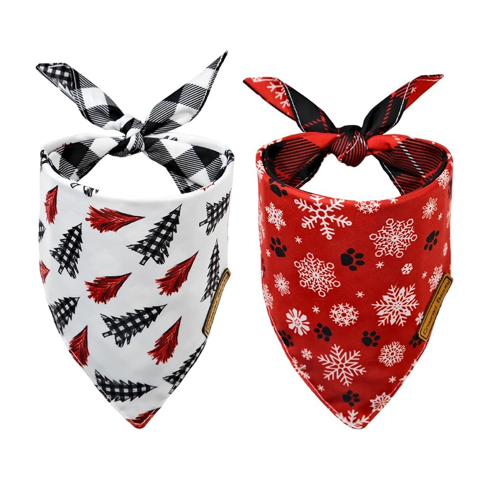 Christmas Dog Bandanas 2 Pack - Adjustable Holiday Plaid Reversible Scarves for Small Dogs & Pets | Snow Tree Pattern | Perfect for Christmas Photos, Parties & Festive Outfits (DB01-S)