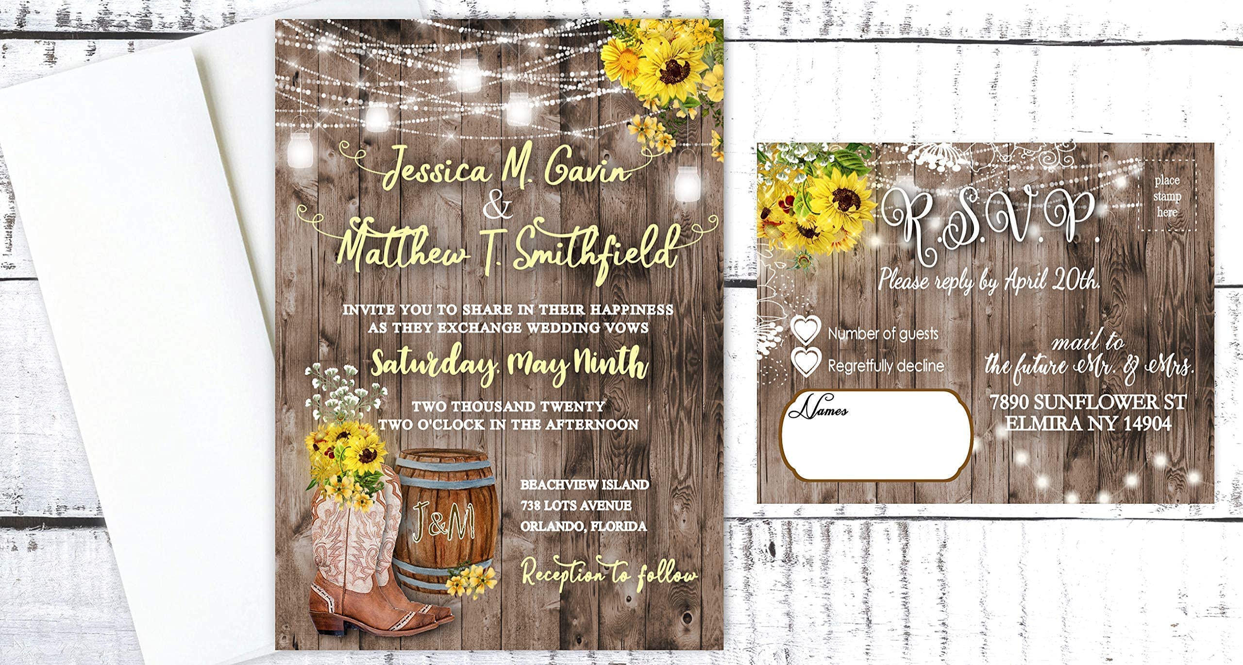 Rustic Sunflower Wedding Invitations Set of 50 - Western Cowboy Cowgirl Country Theme with Envelopes - Perfect for Barn Weddings, Country Themed Parties & Western Events