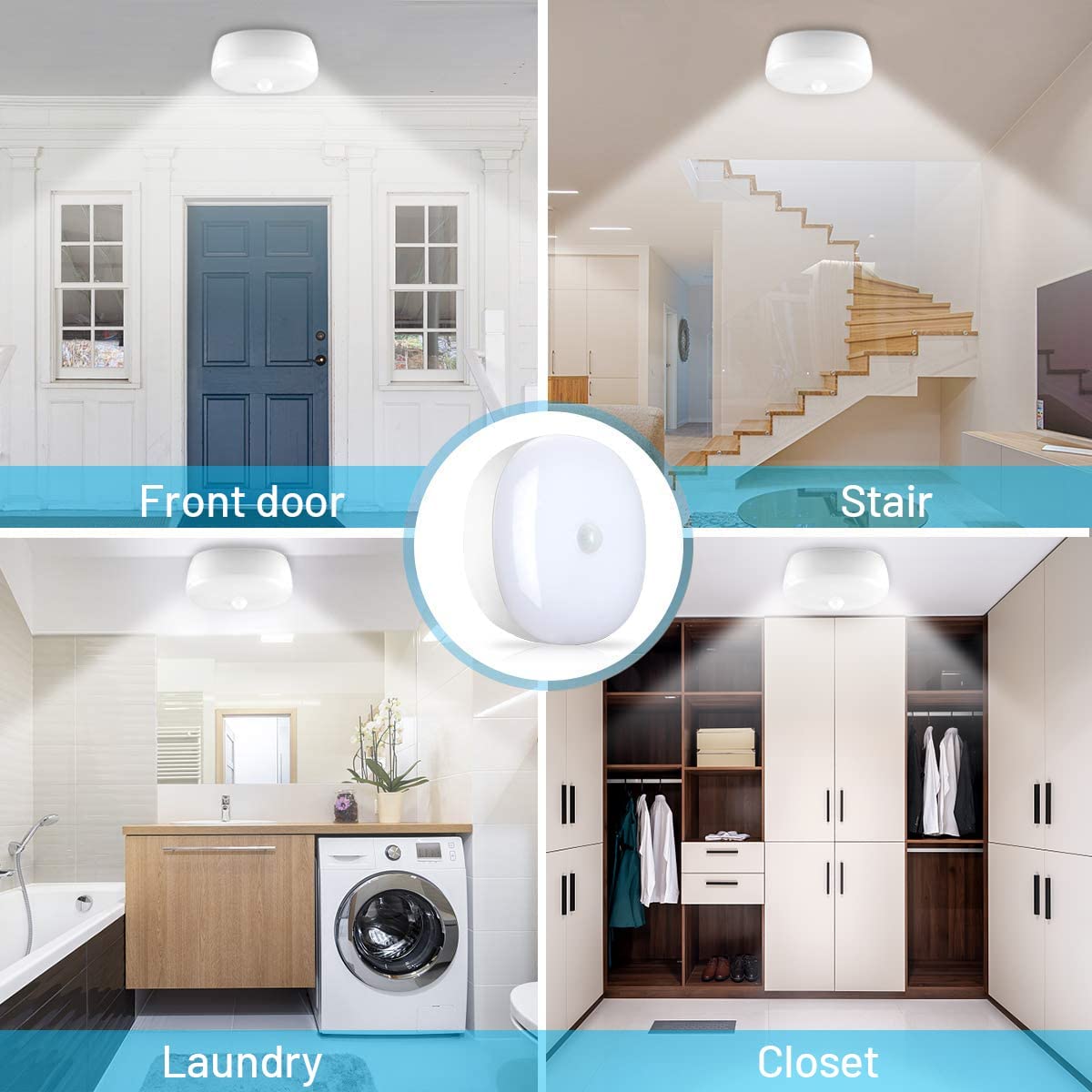 Battery Powered LED Ceiling Light with Wireless Motion Sensor - 300 Lumens 5W Indoor Outdoor Light for Closet, Pantry, Stair, Garage, Basement, Shower (6500K Daylight White) - Perfect for Home Security & Energy Saving Lighting