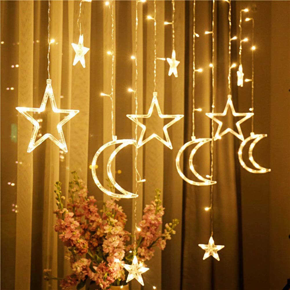 LED Fairy Lights & Moon Star String Lights - Waterproof 8 Modes Curtain Lights for Window, Fireplace, Garden, Patio - Perfect for Christmas Decorations, Eid Celebrations & Home Ambiance Lighting