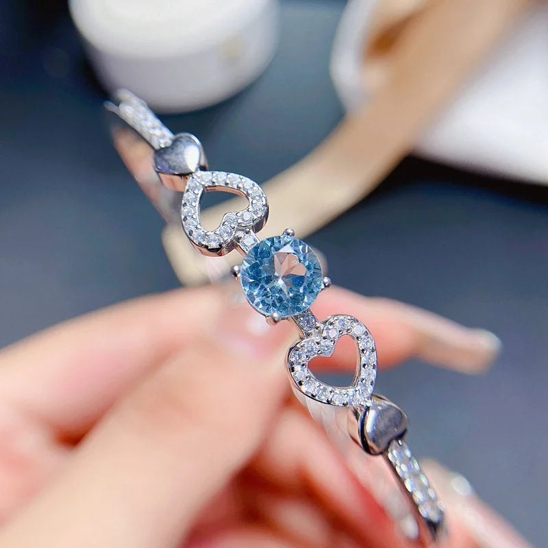 Swiss Blue Topaz Heart Bangle Bracelet for Women - Sterling Silver Adjustable Charm Bracelet | Perfect for Valentine's Day Gifts, Anniversary Presents & Special Occasions