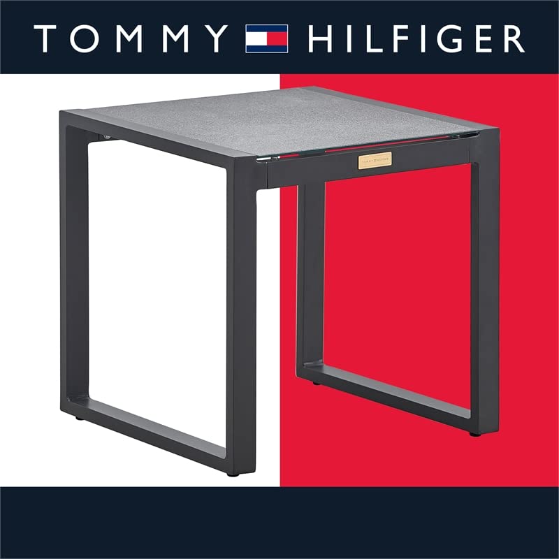 Tommy Hilfiger Hampton Outdoor Side Table with Gray Pebbled Glass - Patio, Garden, Poolside Decor for Outdoor Living Spaces