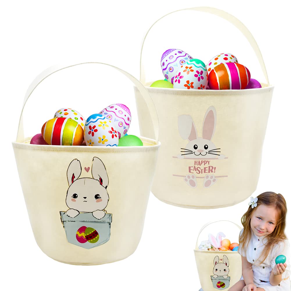 2pcs Personalized Easter Bunny Baskets with Rabbit Print - Easter Egg Bags for Kids, Felt Bucket Playset for Easter Party Decorations & Gift Giving | Perfect for Easter Egg Hunts, Classroom Activities & Spring Celebrations