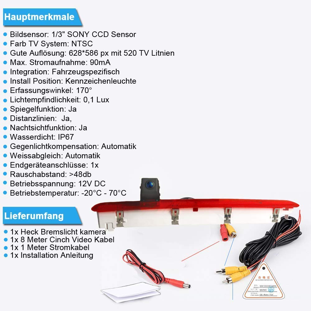 VW T6 Transporter Business Rear View Backup Camera with Brake Light - Roof Top Mount for 2016+ Models | HD Night Vision, Easy Installation | Perfect for Parking, Reversing & Safety Monitoring