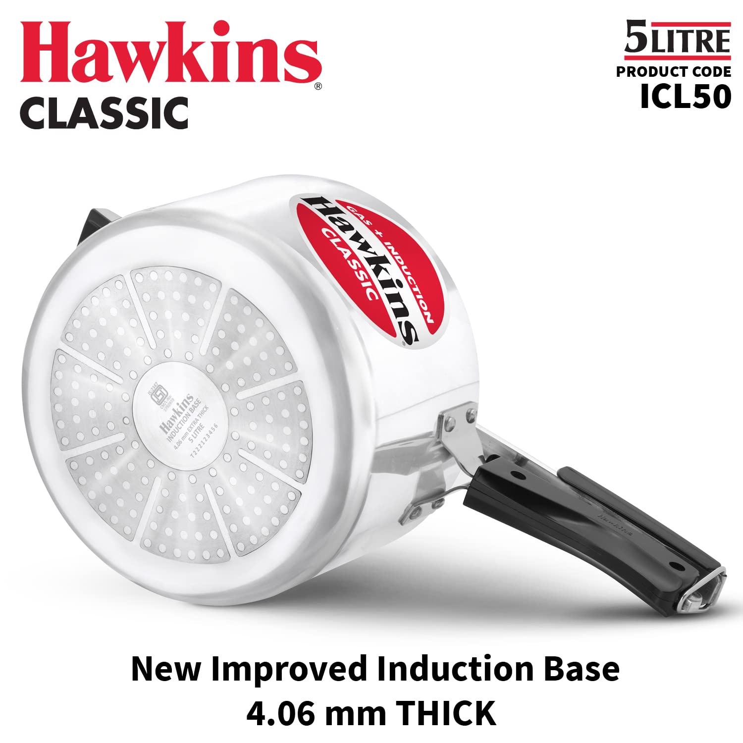 Hawkins Aluminum 5L Classic Pressure Cooker with Induction Base - Silver (ICL50) | Fast & Safe Cooking for Rice, Beans, Soups & Stews | Perfect for Home Kitchens & Camping