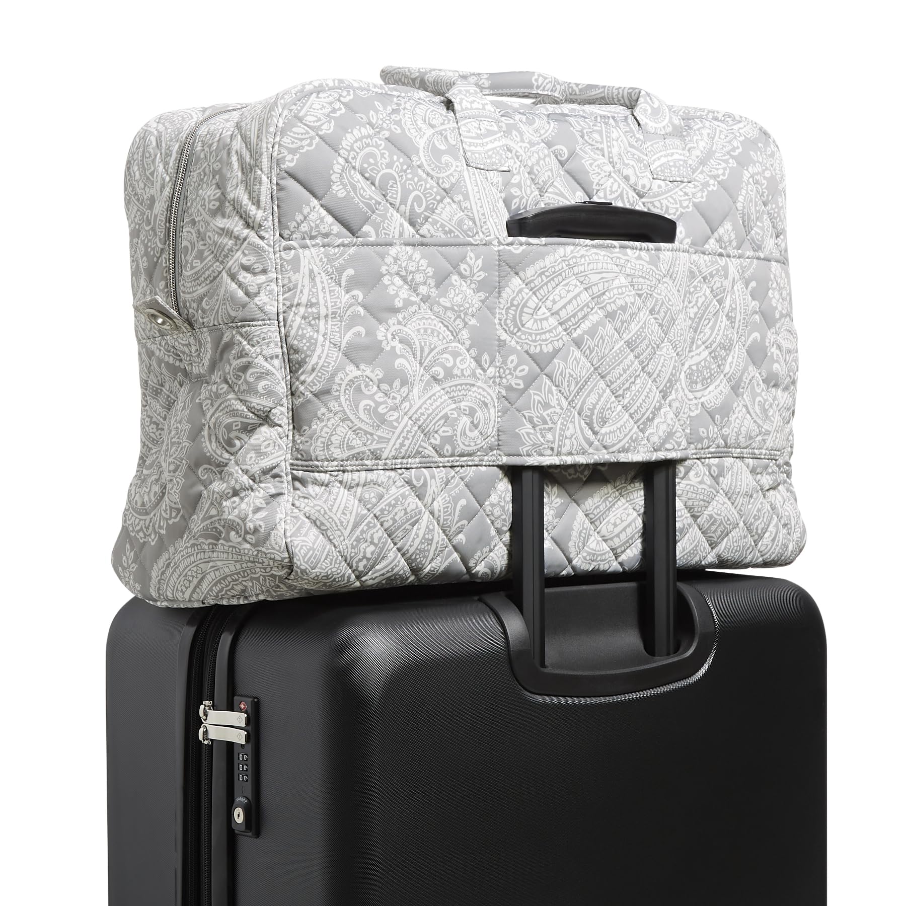 Vera Bradley Women's Performance Twill Grand Weekender Travel Bag - Lightweight Carry-On Luggage with Spacious Interior, Cloud Gray Paisley Design | Perfect for Weekend Getaways, Business Trips & Airplane Travel