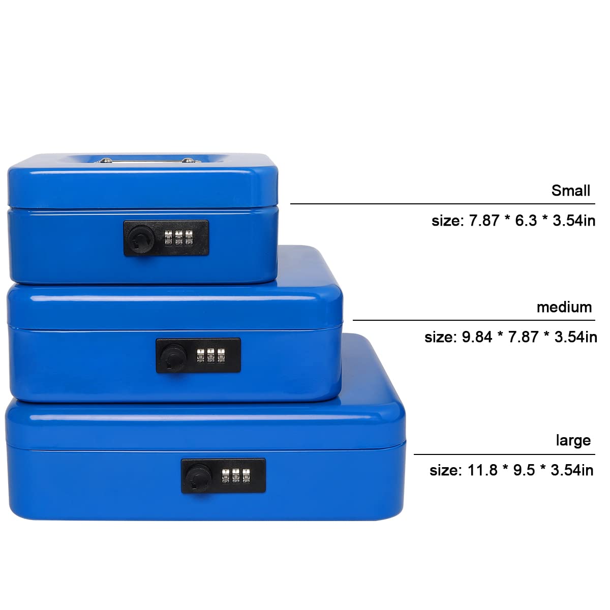 Small Metal Cash Box with Combination Lock - 7.87 x 6.3 x 3.54 Inch Money Storage Box with Removable Tray - Secure Cash Organizer for Home, Office, Retail & Travel (Blue)