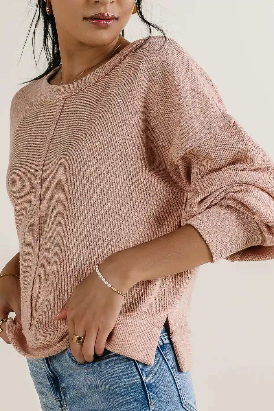 Mia Waffle Knit Top Women's Casual Long Sleeve Blush Pink Sweater | Soft Breathable Waffle Texture | Perfect for Fall Winter Layering & Coffee Dates
