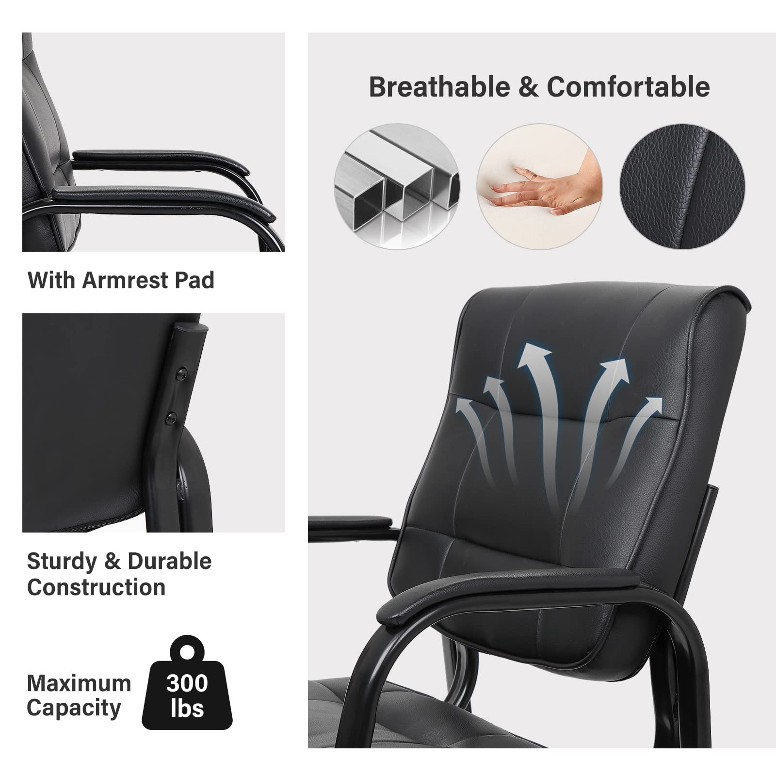 LEMY Waiting Room Chairs - Black Leather Guest Chair with Padded Arms, Comfortable Reception Desk Chair for Home Office, Meeting Room & Conference Room - Perfect for Lobby, Clinic & Corporate Settings