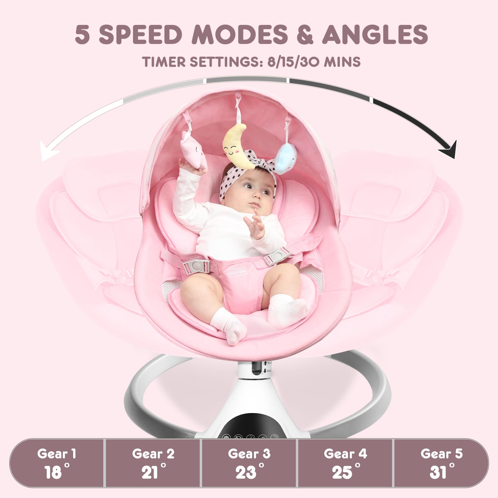 HARPPA Electric Baby Swing for Infants & Toddlers - Portable Motorized Bluetooth Baby Swing with 12 Lullabies & Music Speaker - Newborn Swing for Boys & Girls (Pink) - Perfect for Nursery, Travel & Soothing Fussy Babies