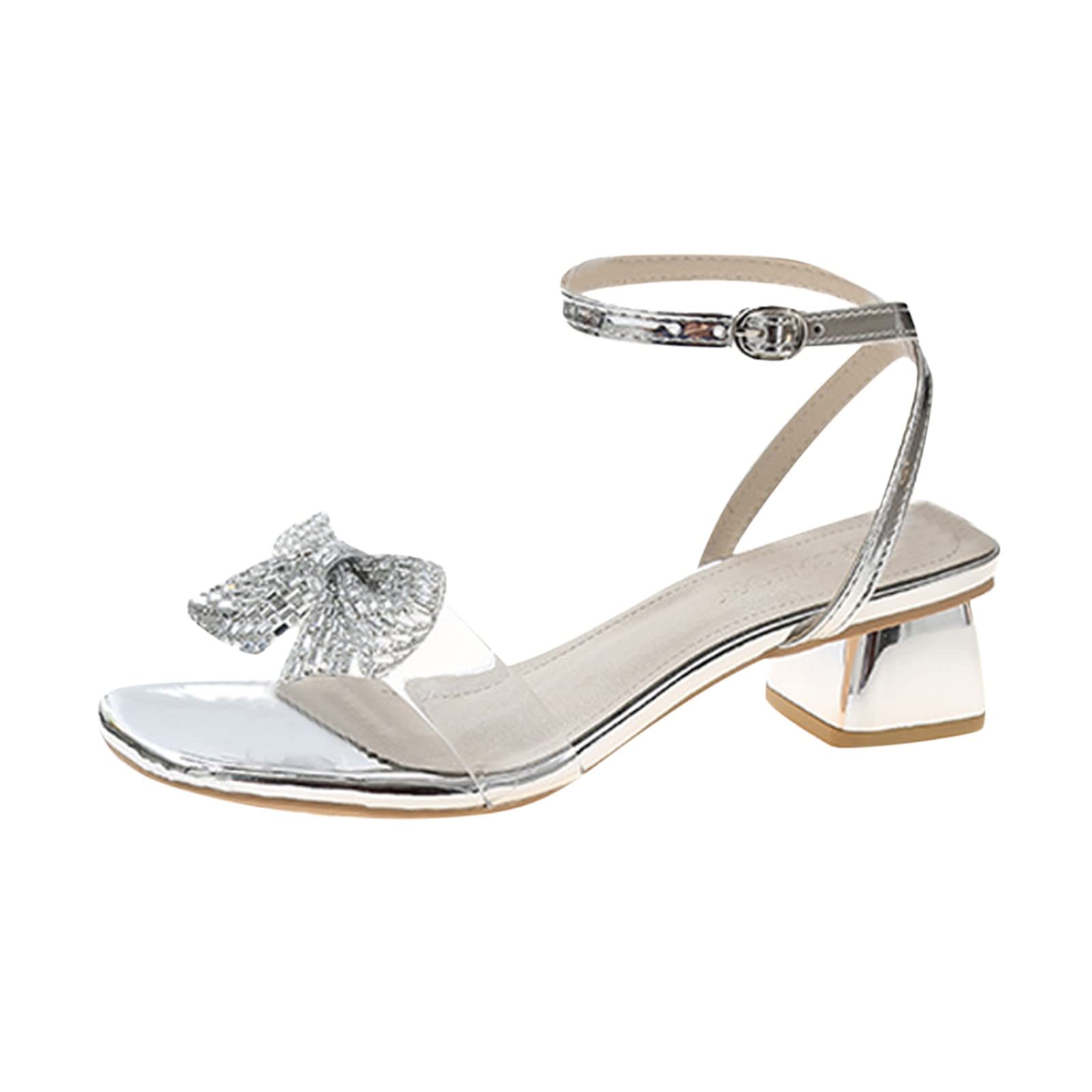 Stylish Women's Summer Sandals with Rhinestone Bow Buckle & Square Heel - Comfortable Mid Heel Casual Shoes for Beach, Party & Daily Wear