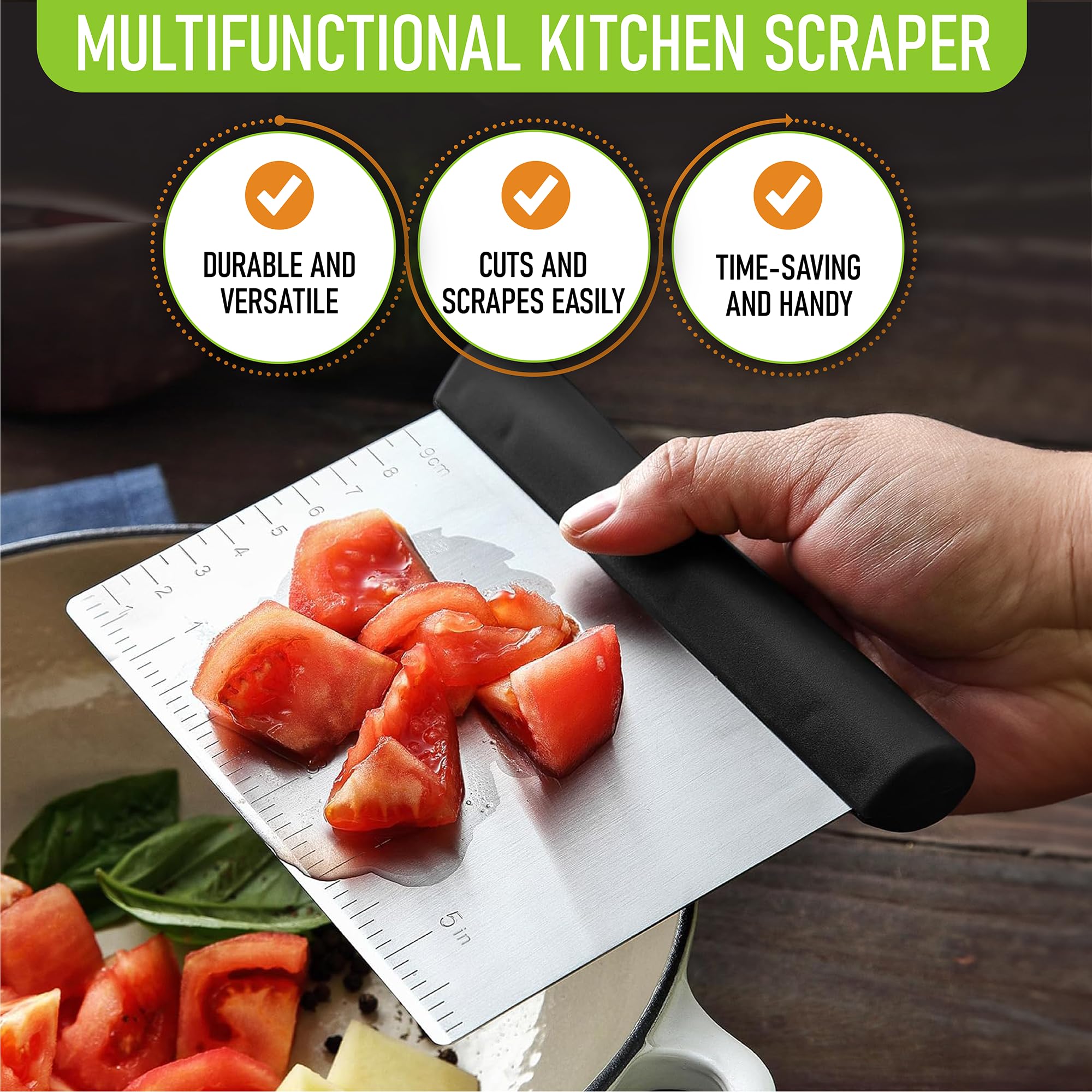 Spring Chef Stainless Steel Bench Scraper - Dough Cutter & Pastry Scraper for Baking Pizza, Bread, Cake - Kitchen Tool with Measurement Markings - Perfect for Home Bakers & Professional Chefs - Black