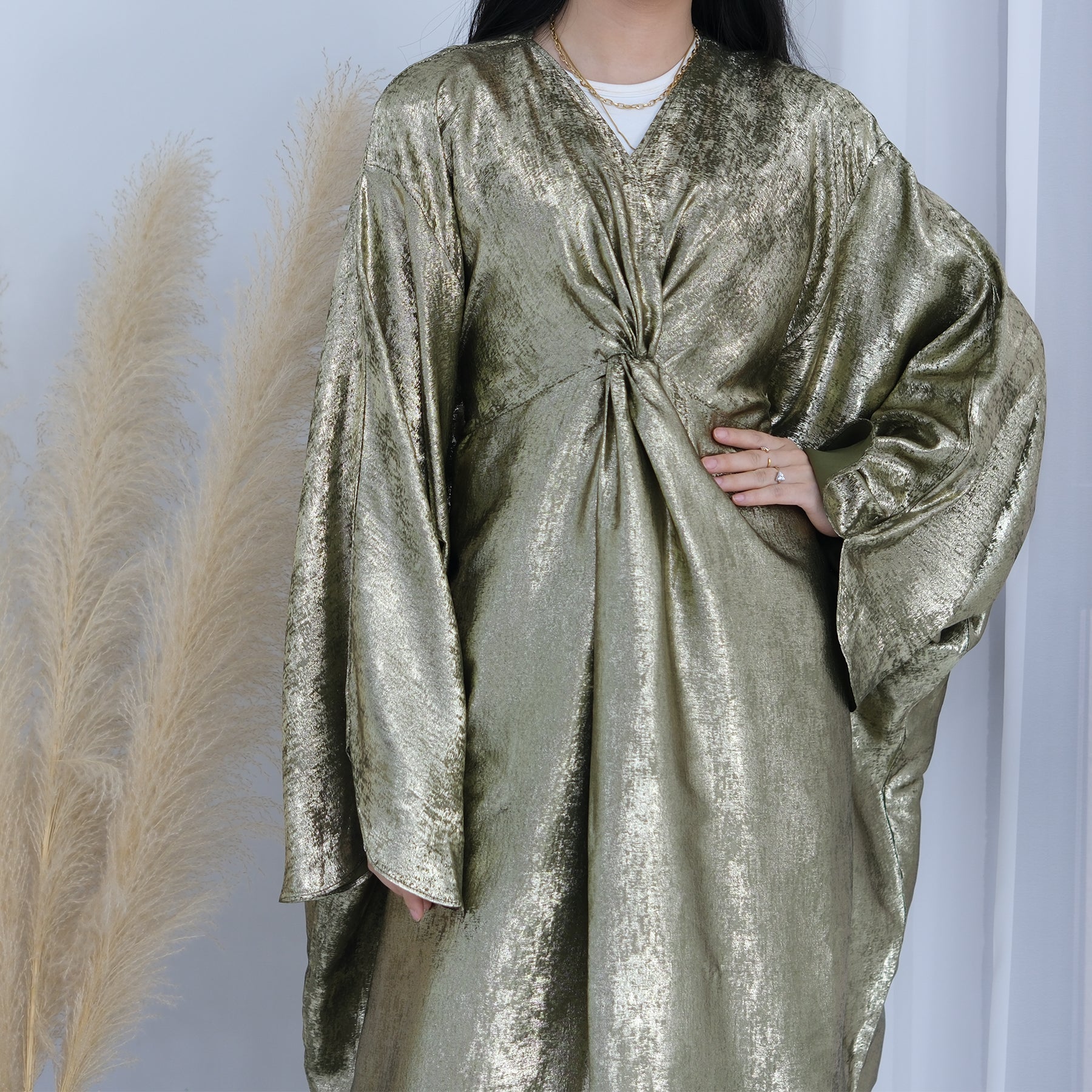 Elegant Florence Knot Shimmer Abaya Dress - Olive Green Islamic Prayer Gown for Women | Perfect for Eid, Mosque, and Special Occasions