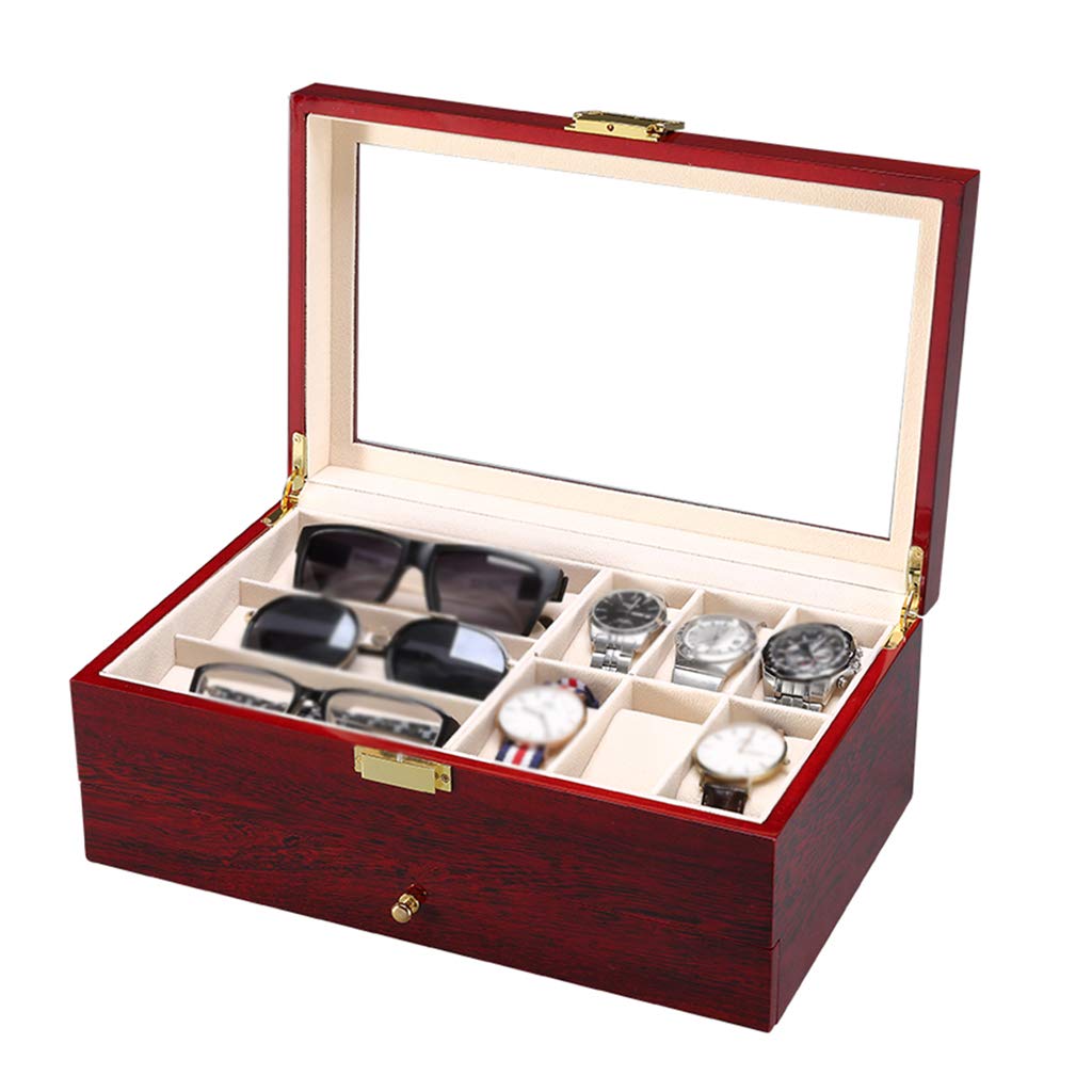 6-Slot Watch Box with 2-Tier Jewelry Organizer - Luxury Watch Storage Case with Removable Cushions, Accessories Tray & Metal Buckle - Perfect for Watch Collectors, Travel & Gift Giving (Red)