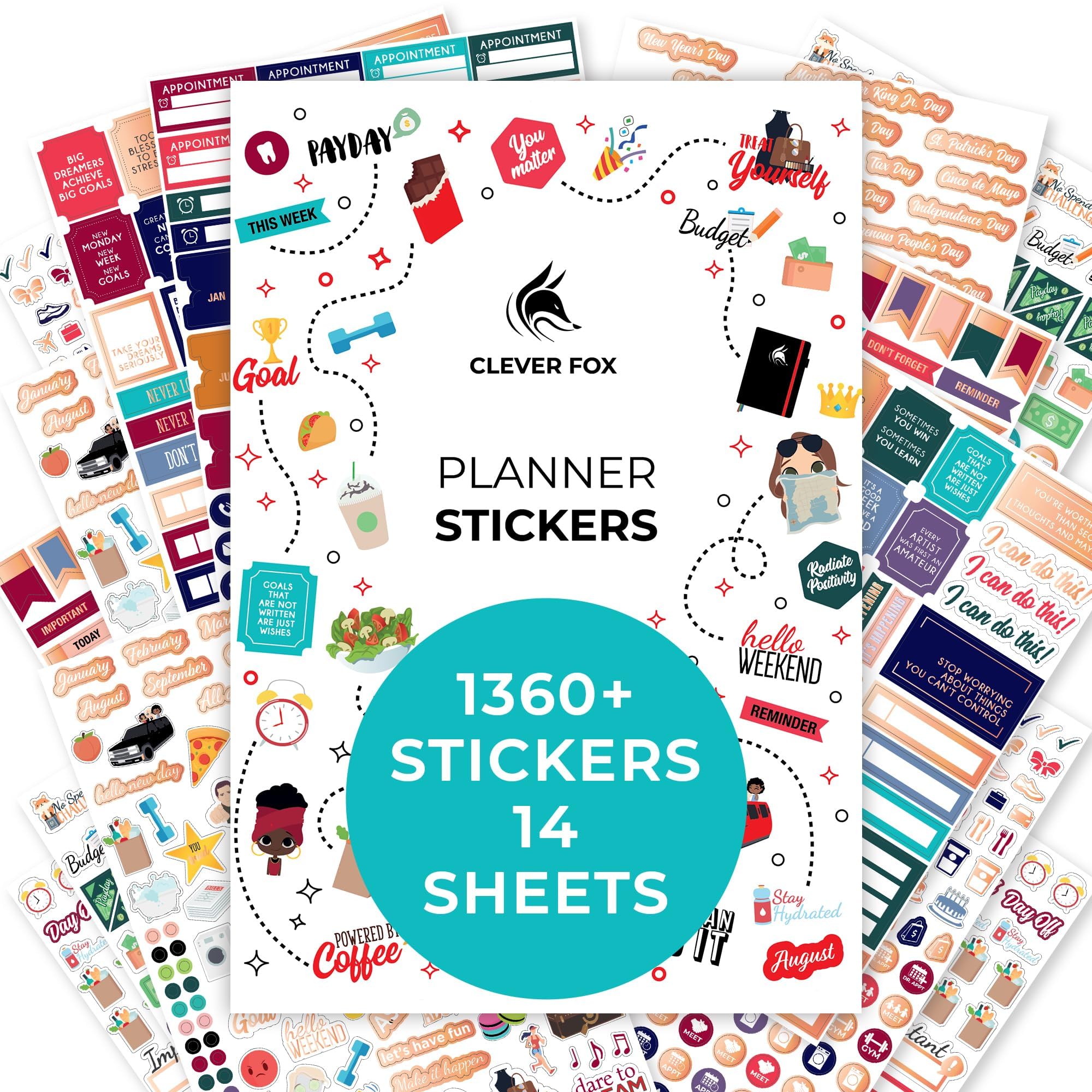 Clever Fox Planner Stickers - 1360+ Unique Stickers for Monthly, Weekly & Daily Planning | 14 Sheets Value Pack | Perfect for Bullet Journals, Planners & DIY Organization