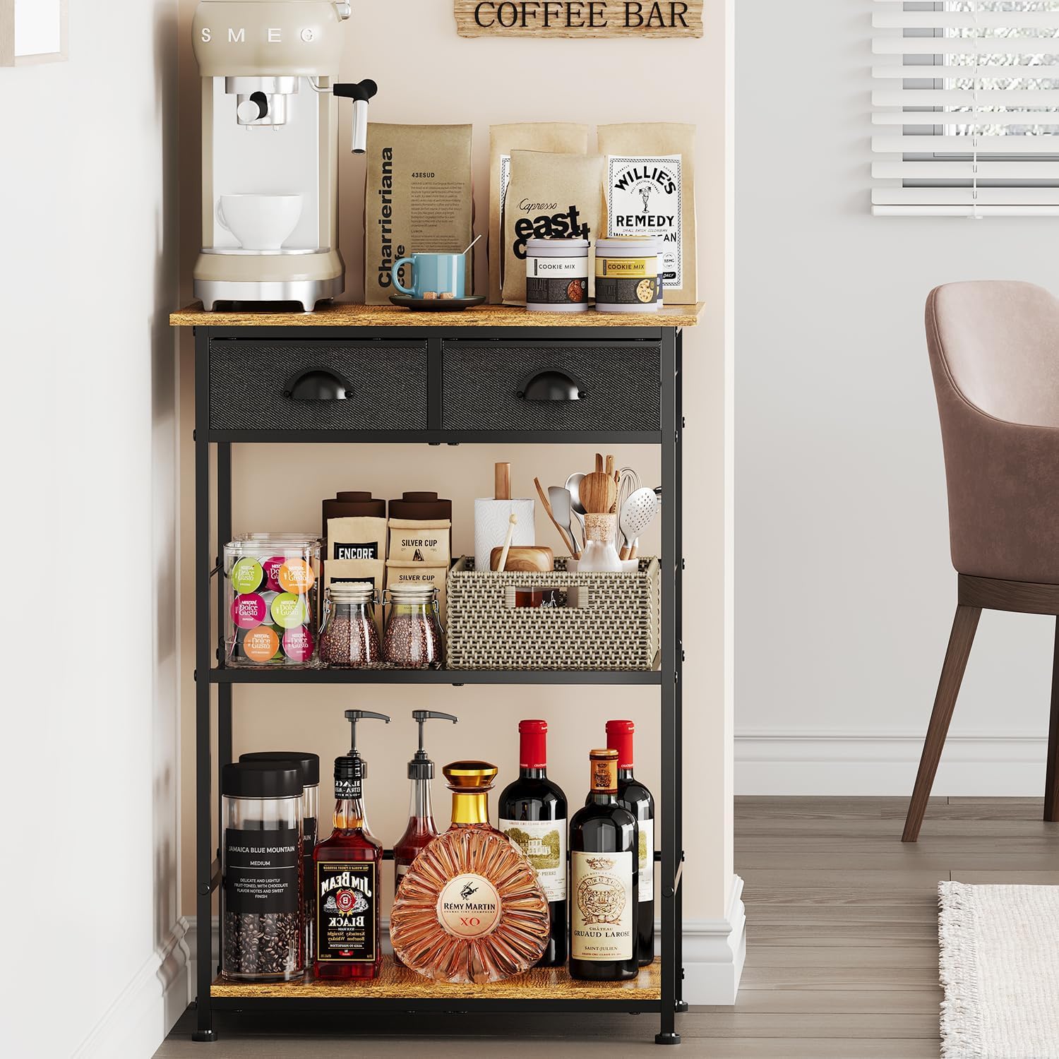 Farmhouse Style 3-Tier Coffee Bar Stand with 2 Storage Drawers - Large Capacity Coffee Station Organizer Cabinet for Kitchen, Living Room & Entryway - Perfect for Espresso Machines, Mugs & Coffee Accessories Storage