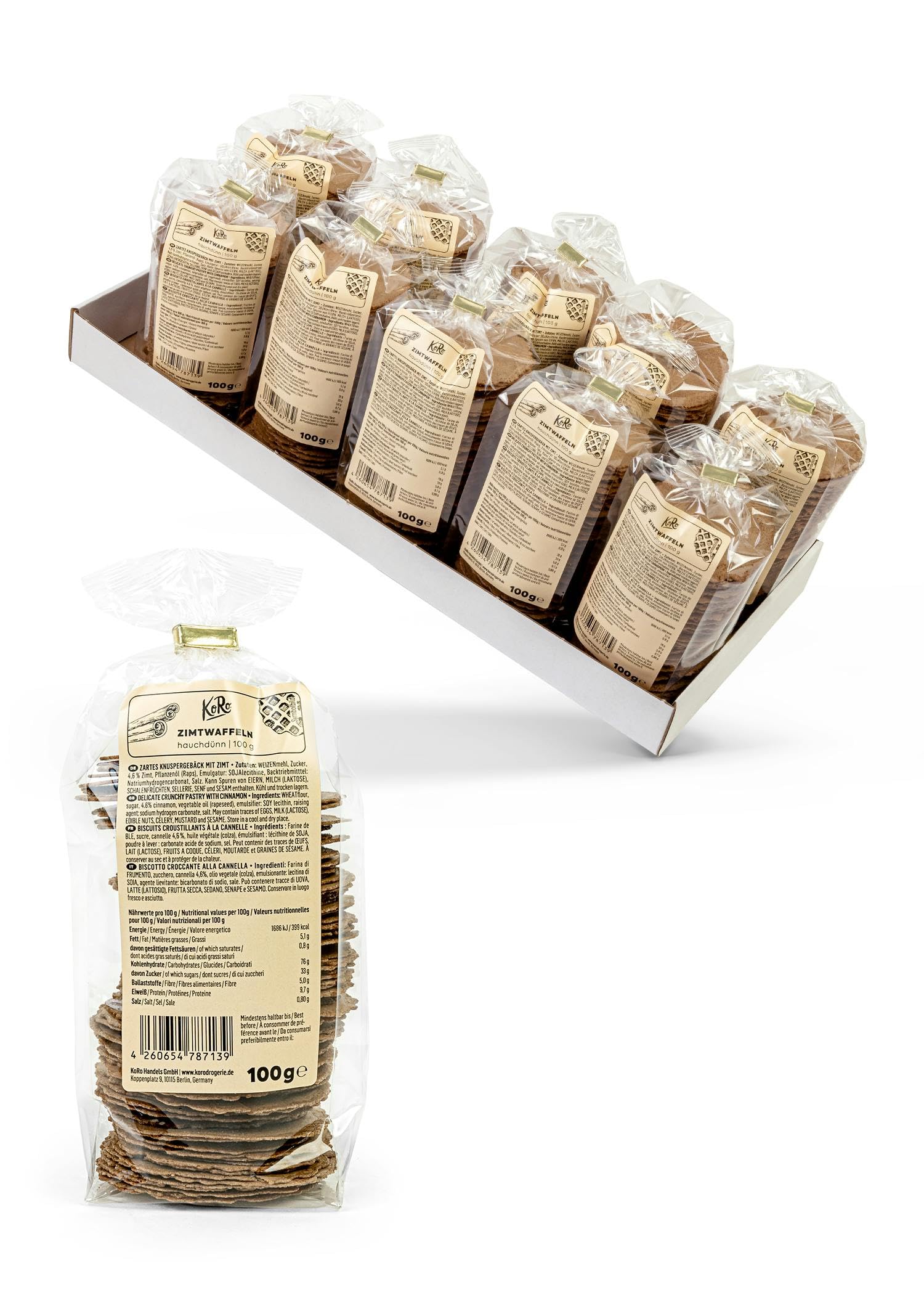 KoRo Cinnamon Waffles 10 x 100g - Sweet Cinnamon Flavor - Thin & Crispy Vegan Waffles - Delicate Baking - Perfect for Breakfast, Snacks & Coffee Time
