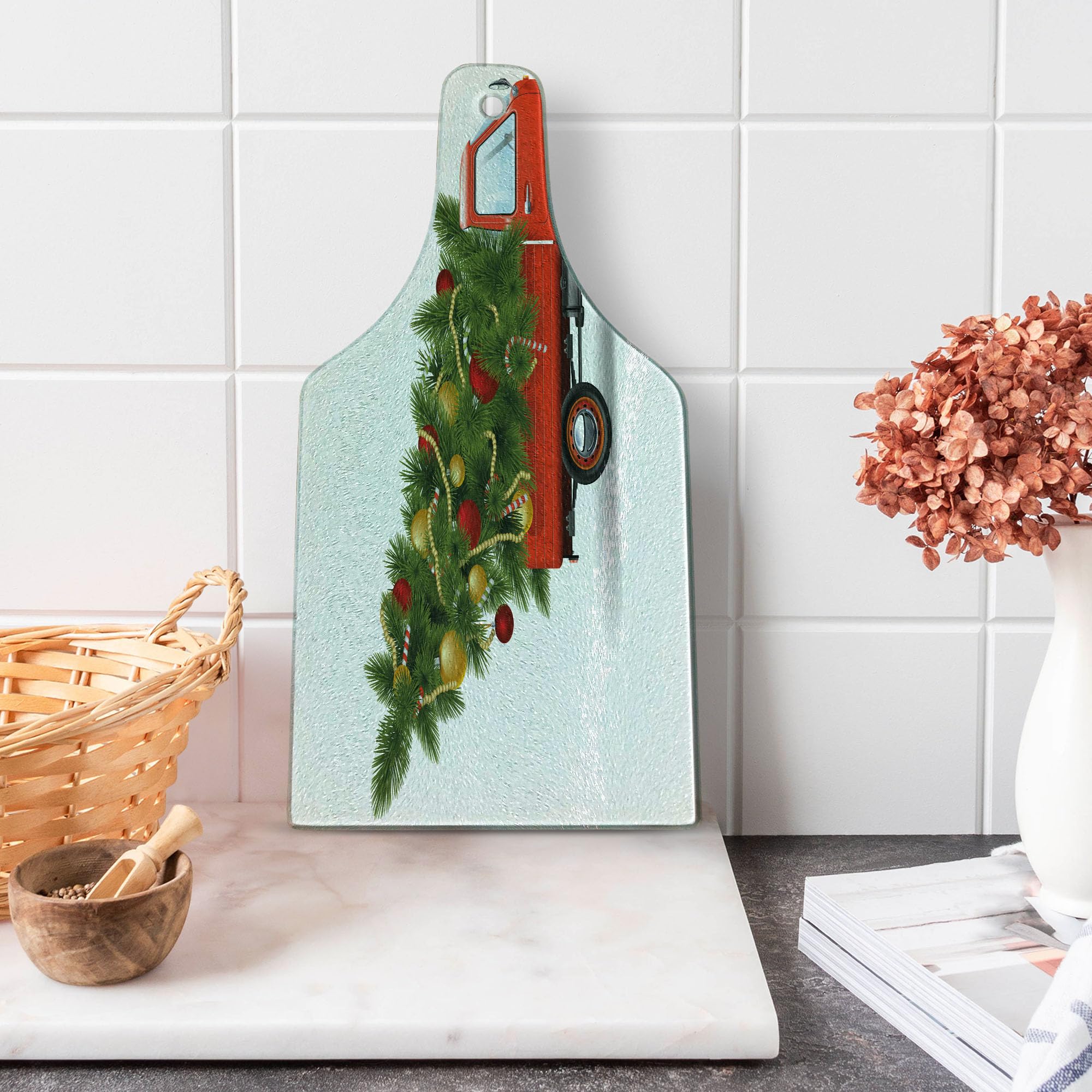 Ambesonne Christmas Cutting Board - Red Retro Farm Truck & Christmas Tree Design, Tempered Glass Serving Board for Holiday Decor, Wine Bottle Shape in White Red Green | Perfect for Christmas Dinner, Party Serving & Festive Kitchen Decor